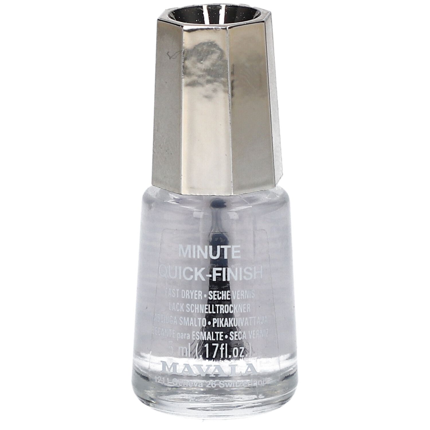 Flacon de vernis à ongles transparent avec bouchon argenté. Pinceau intégré. Inscription: Minute Quick Finish.