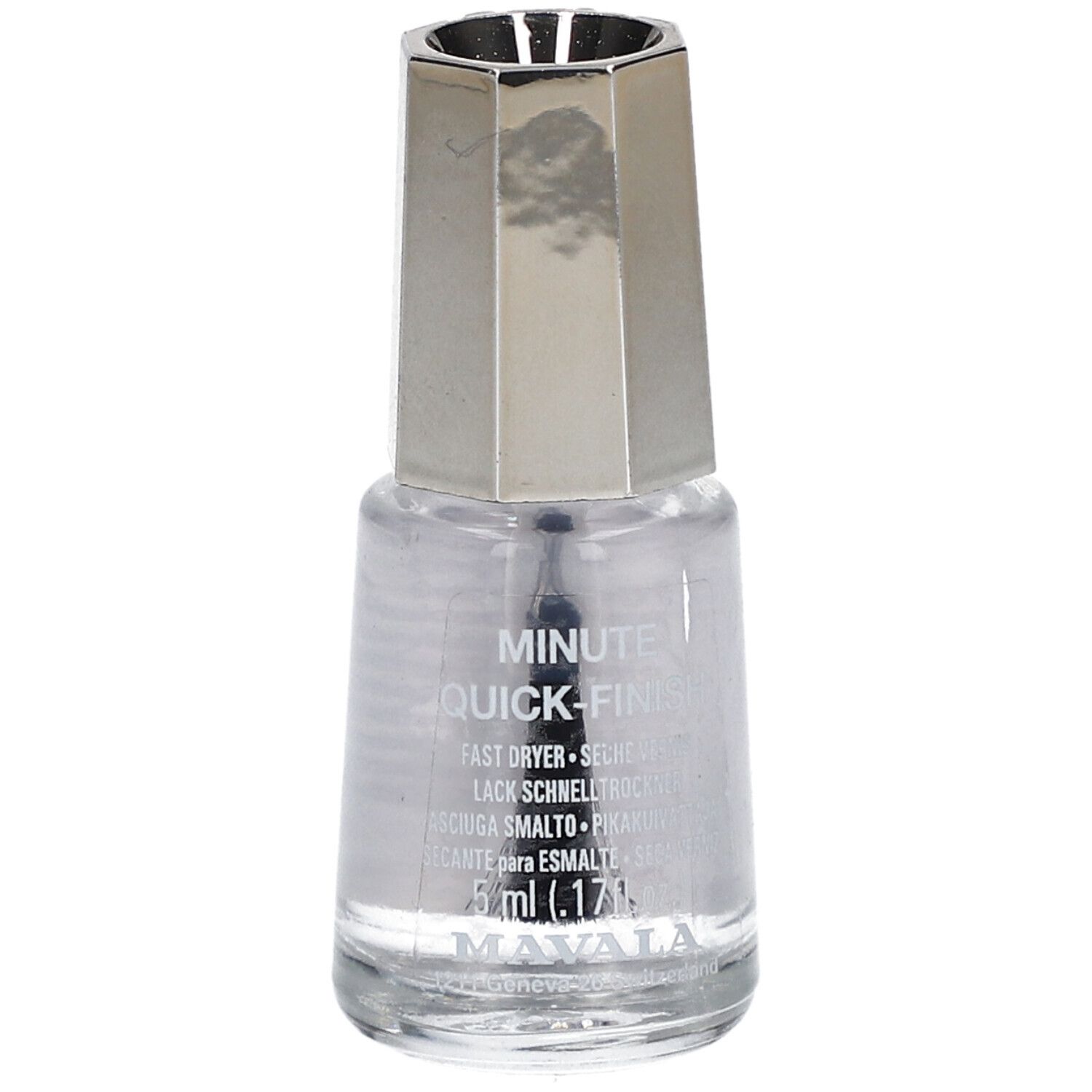 Flacon de vernis à ongles transparent avec bouchon argenté. Pinceau intégré. Inscription: Minute Quick Finish.