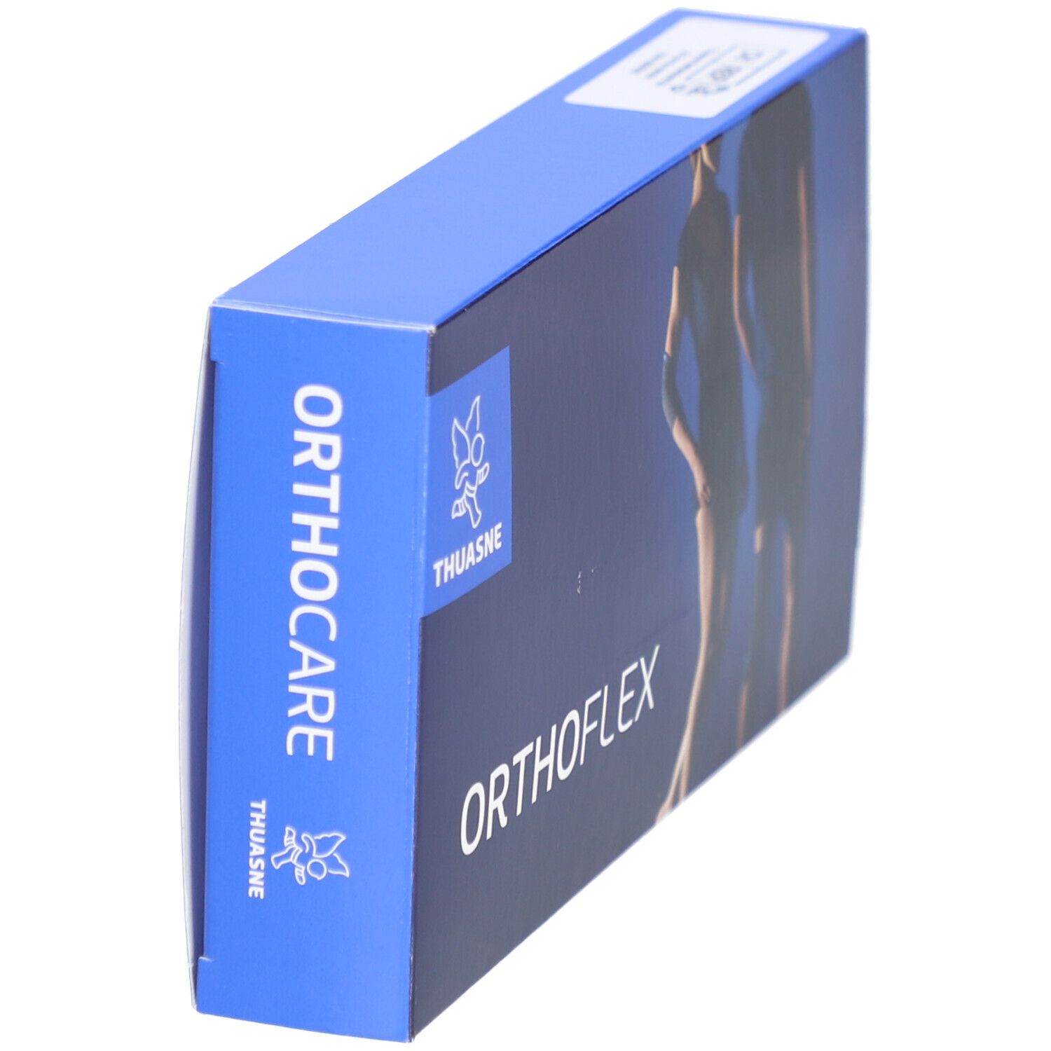 Emballage bleu. Inscription : ORTHOFLEX, THUASNE, ORTHOCARE. Illustration : personne avec une attelle.