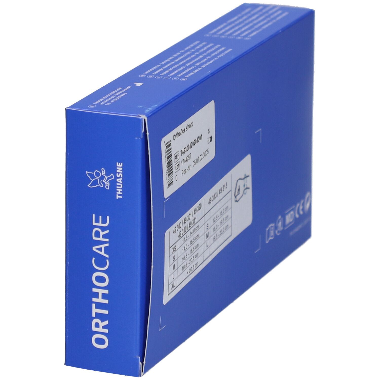 Emballage bleu. Inscription : Orthocare, THUASNE. Tableau des tailles. Logos : MD, CE.