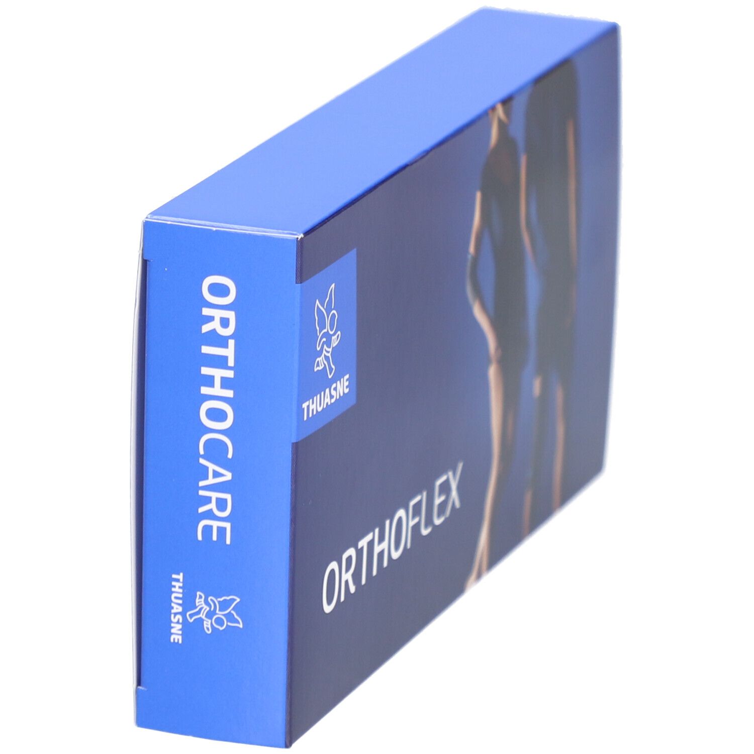 Boîte bleue avec logo Thuasne, texte Orthocare et Orthoflex. Vue latérale.