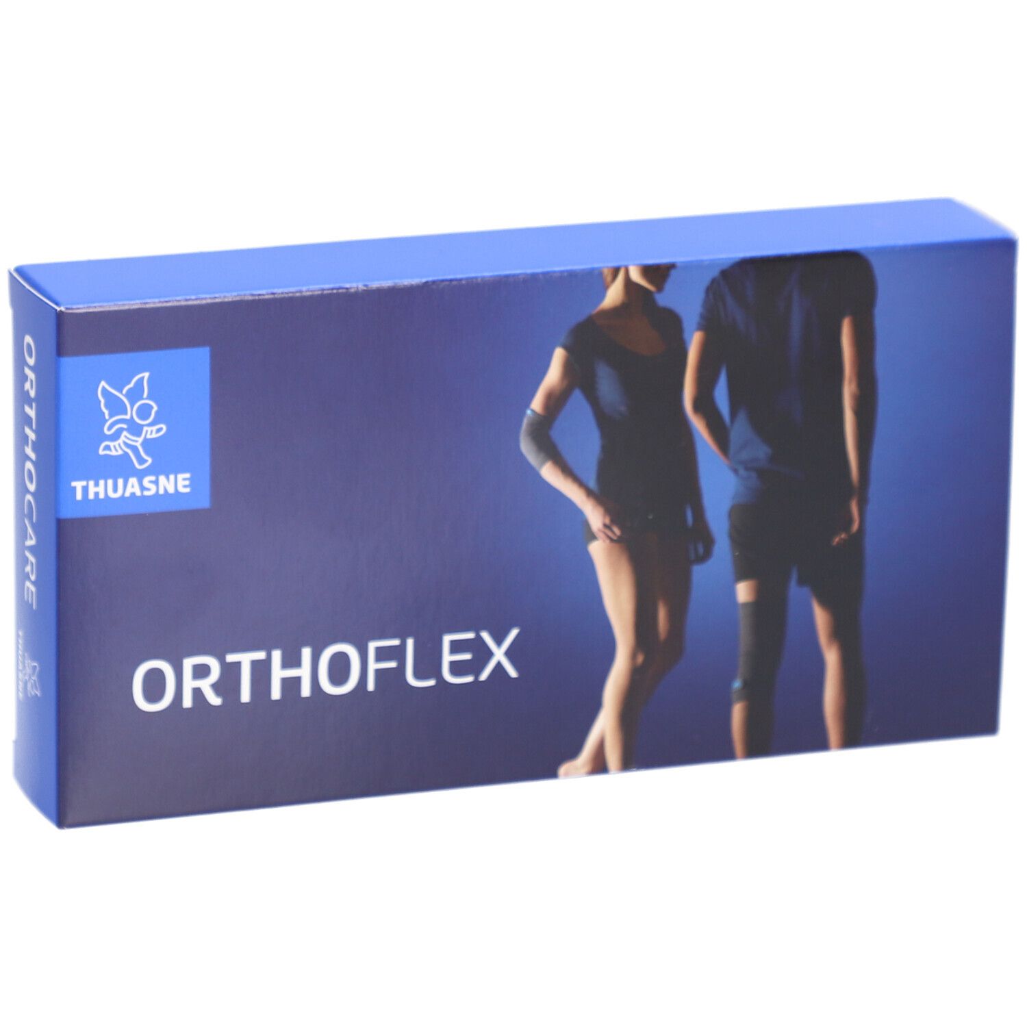 Boîte bleue avec logo Thuasne, texte Orthocare et Orthoflex. Illustration d'une personne.