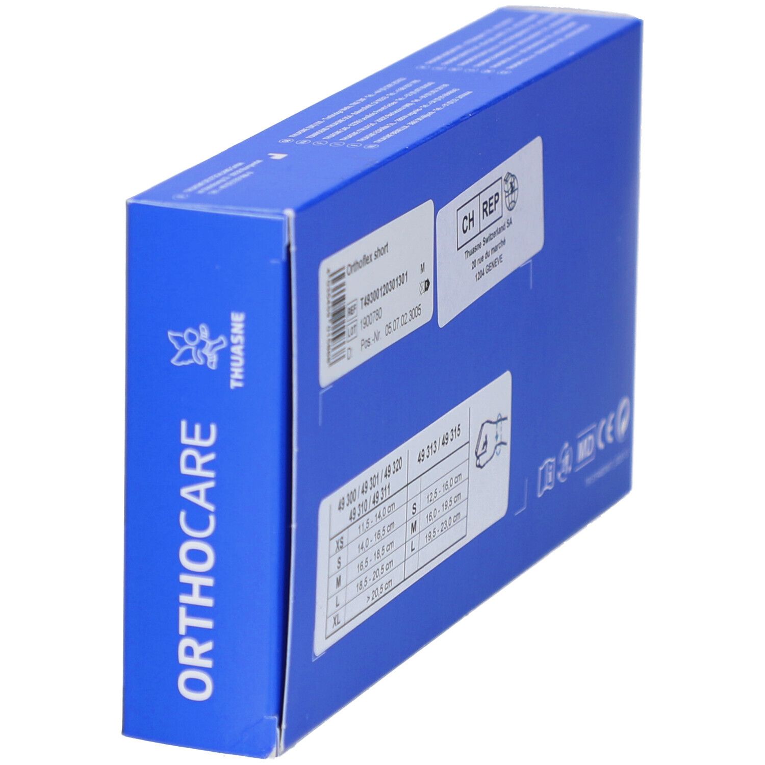 Emballage bleu. Inscription ORTHOCARE. Informations sur le produit et tailles. Logo THUASNE.