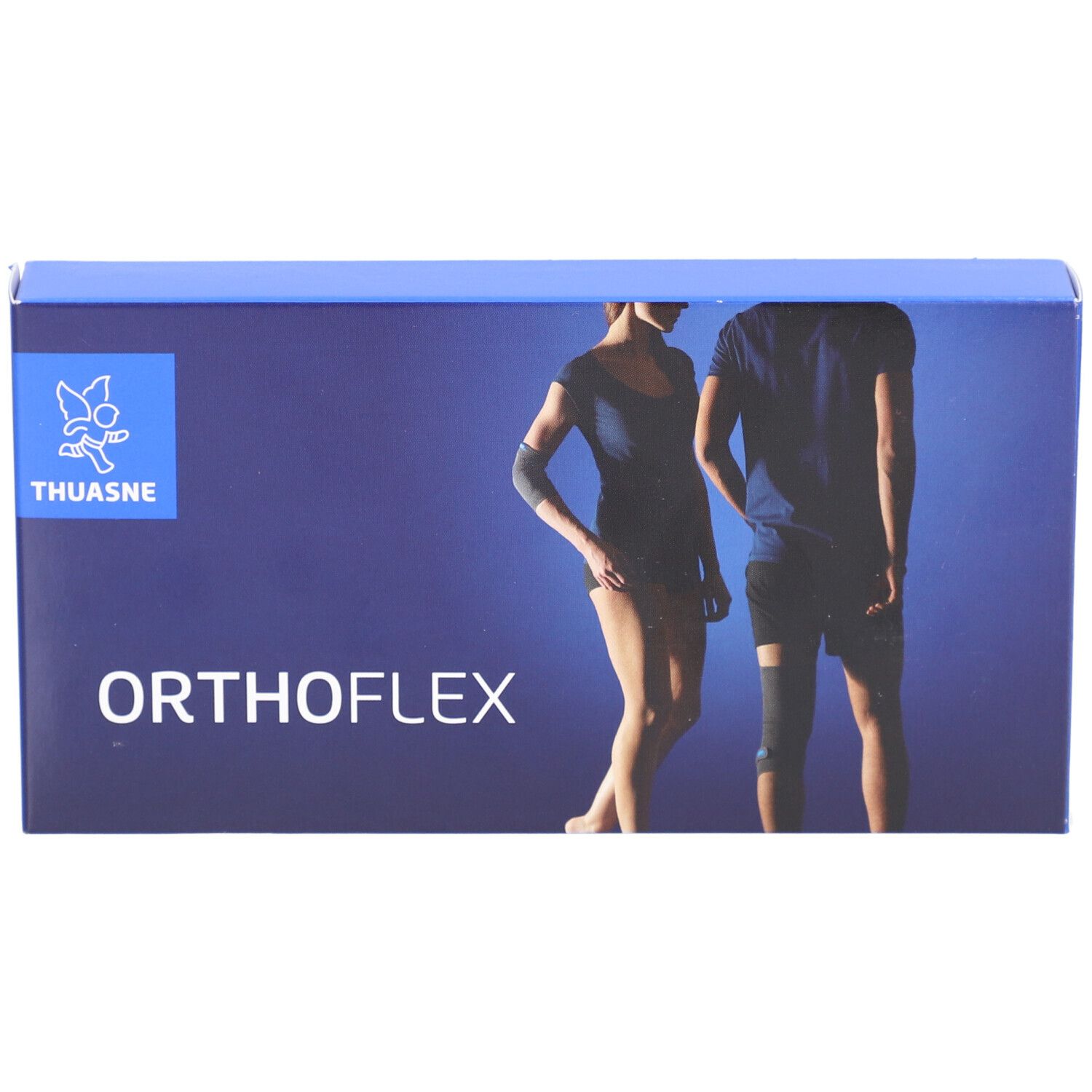 Emballage bleu. Inscription ORTHOFLEX et THUASNE. Illustration d'une personne avec un bandage.