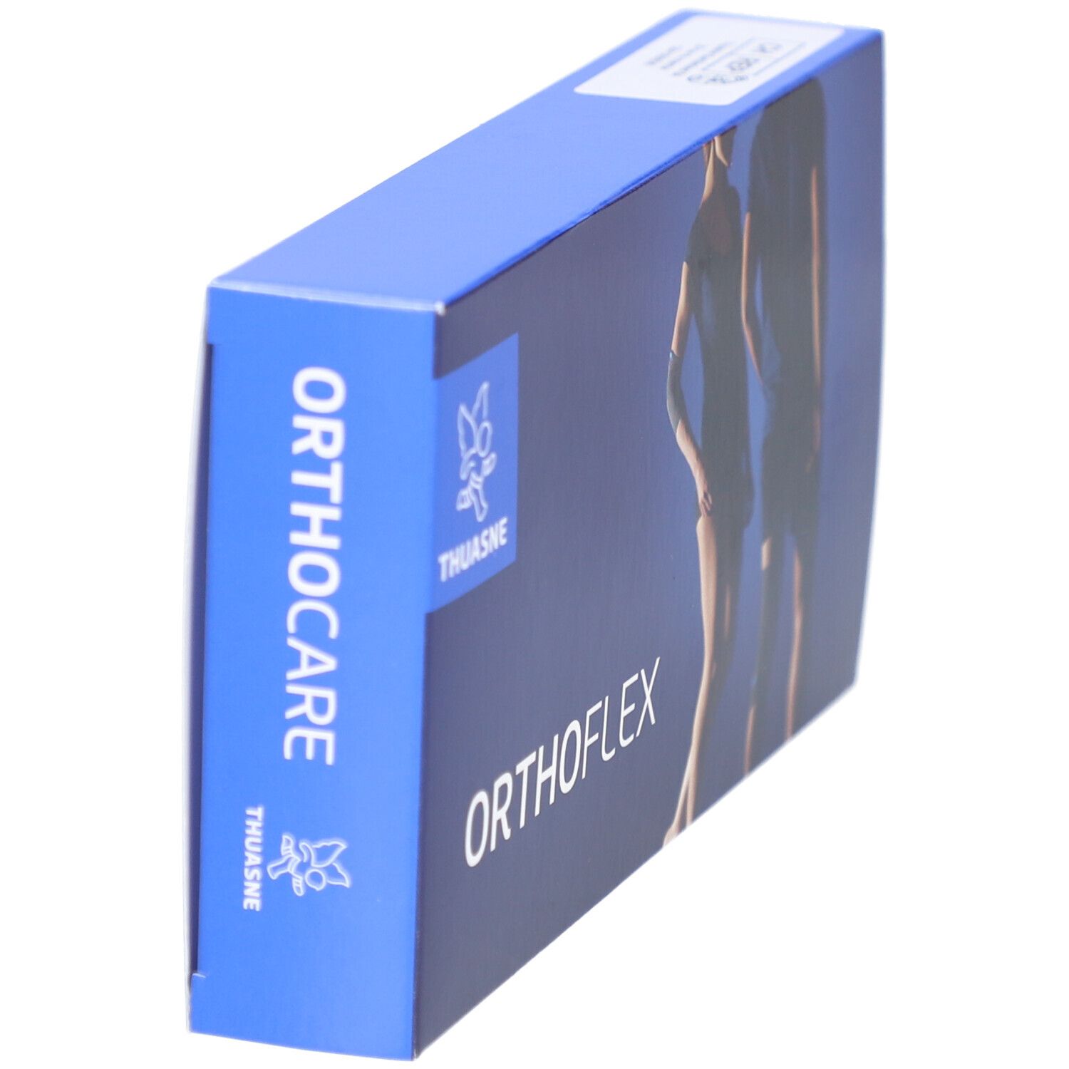 Emballage bleu avec logo THUASNE et inscription Orthoflex. Vue latérale avec inscription Orthocare.