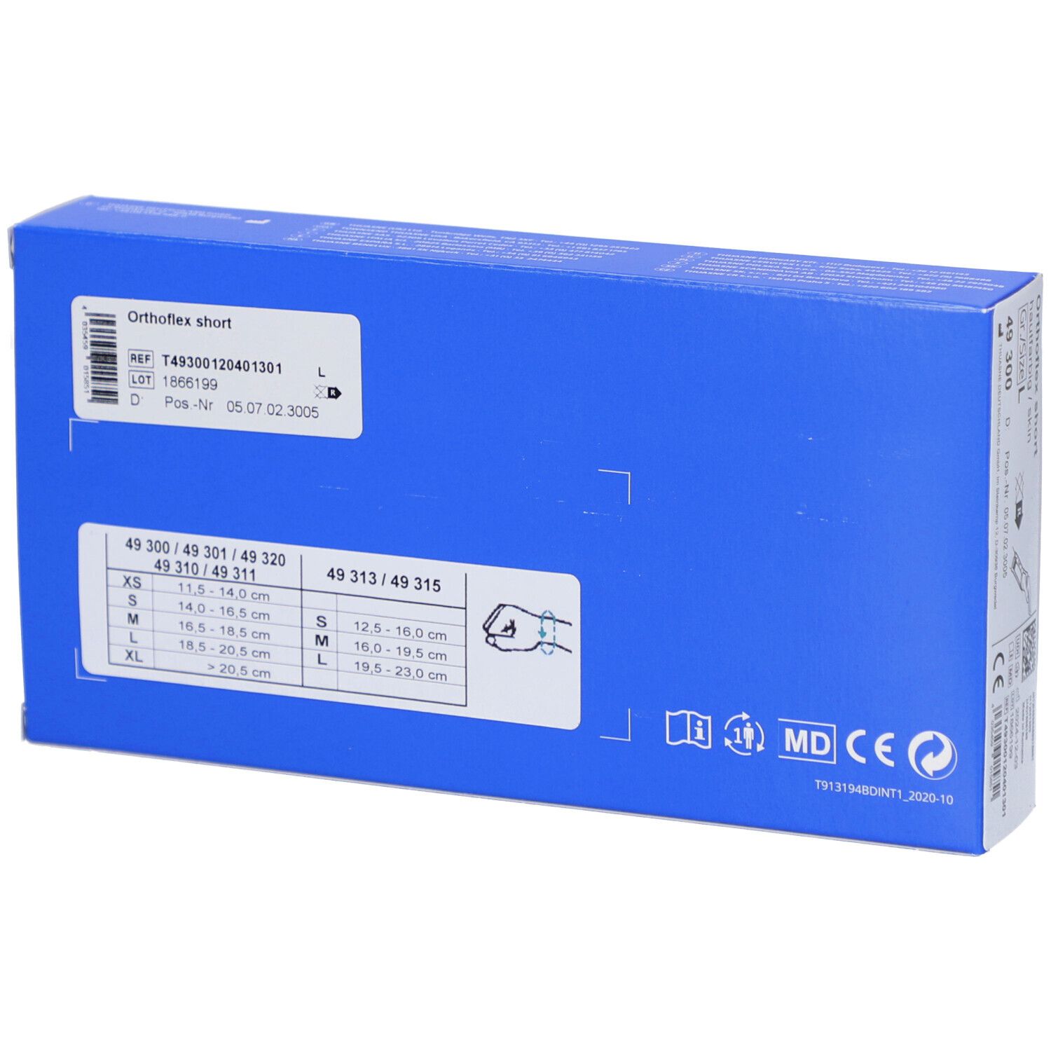 Emballage bleu, dos avec informations de taille et produit. Orthoflex short, tailles XS-XL.