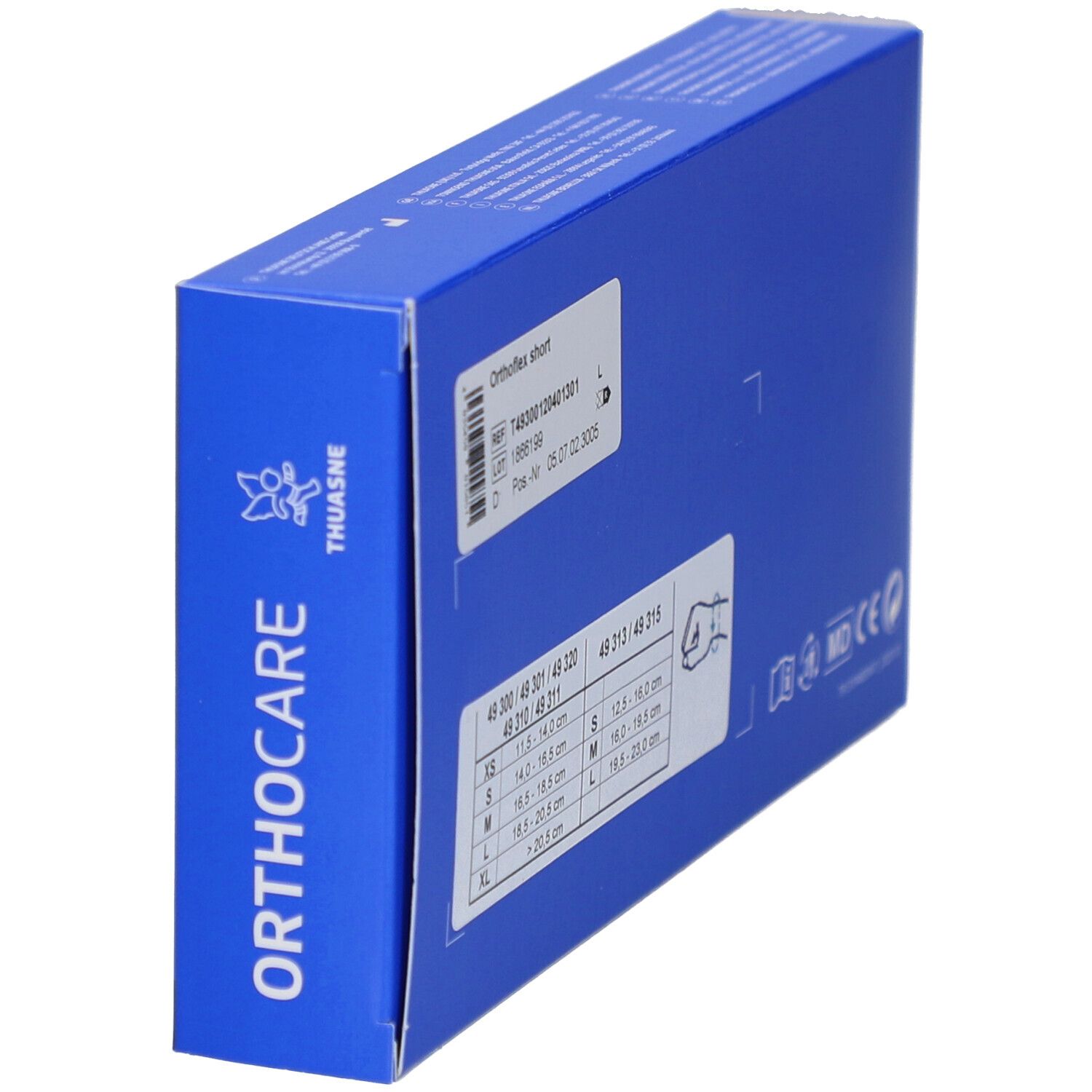 Emballage bleu, dos avec informations de taille et produit. Inscription Orthocare et logo THUASNE.