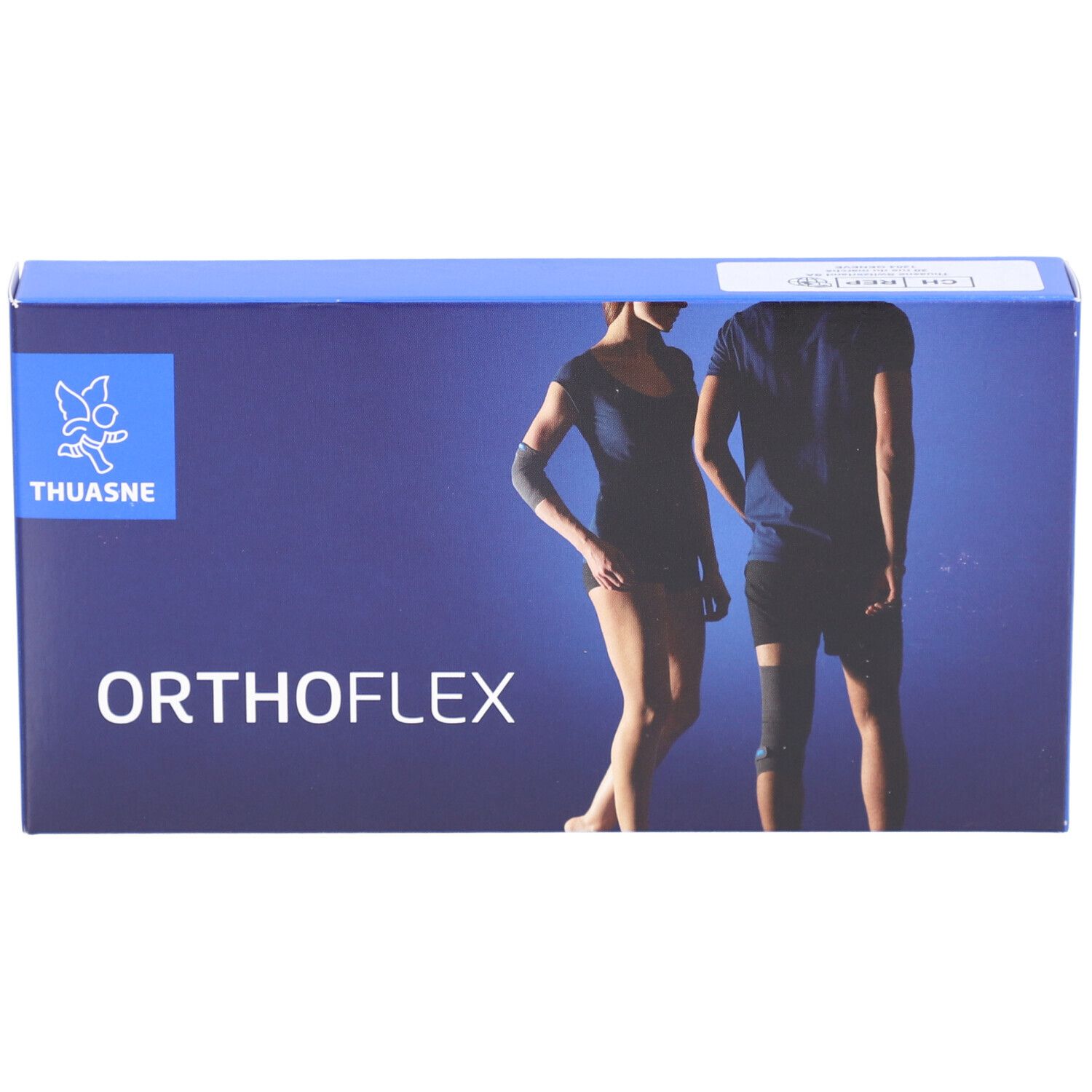 Boîte bleue avec logo THUASNE et inscription Orthoflex. Personnes avec bandages au bras et à la jambe.