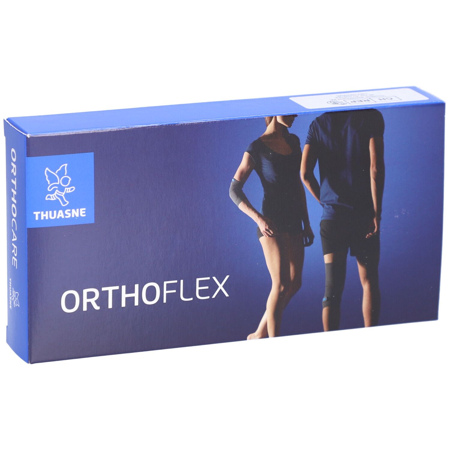 Boîte bleue avec logo THUASNE et inscription Orthoflex. Personnes avec bandages au bras et à la jambe.