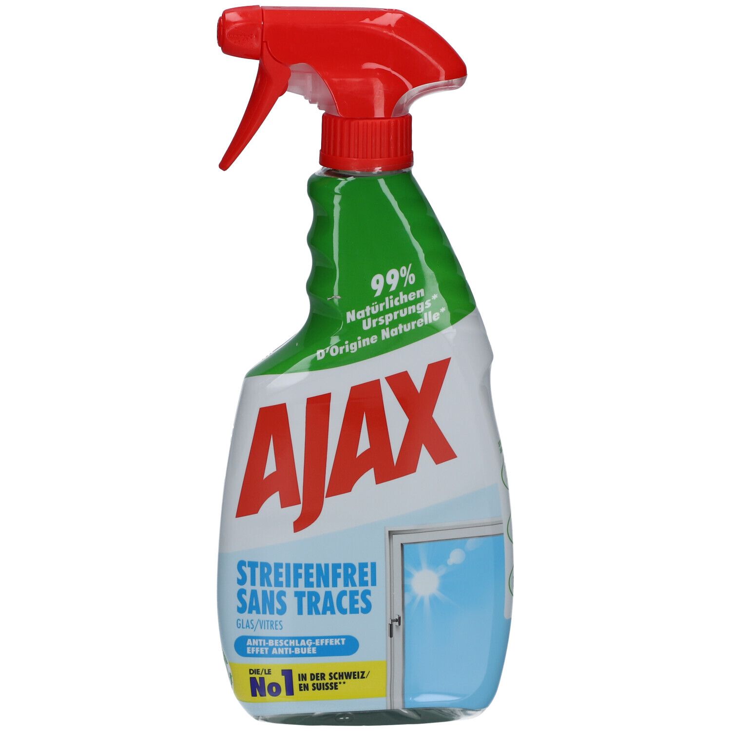 Sprühflasche mit rotem Sprühkopf. Weißes Etikett mit grünem Bereich und rotem Schriftzug AJAX. Text: Streifenfrei.