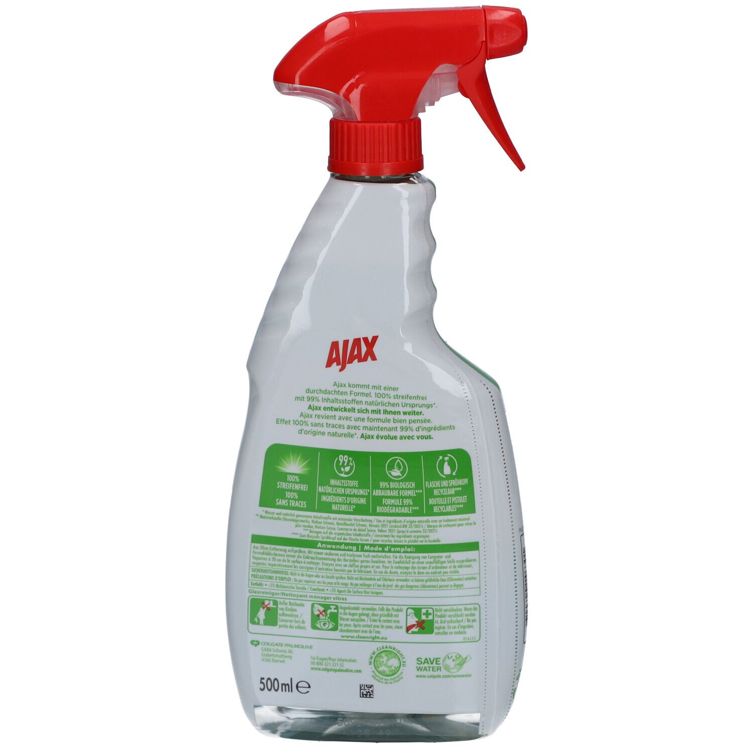 Rückseite der Sprühflasche. Weißes Etikett mit grünen Textfeldern und Logos. Text: AJAX. 500ml.