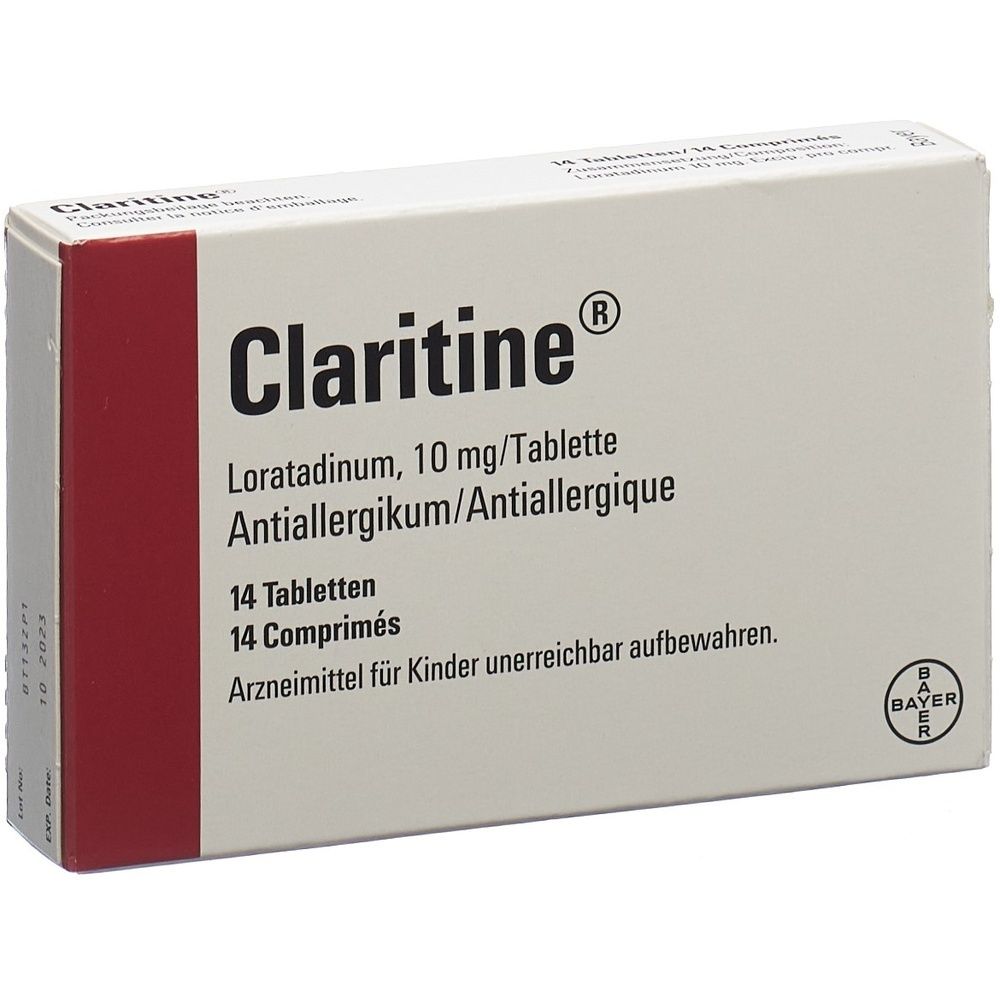 Weißer Karton mit rotem Streifen. Aufschrift Claritine, Loratadinum 10 mg/Tablette, 14 Tabletten. Bayer-Logo.