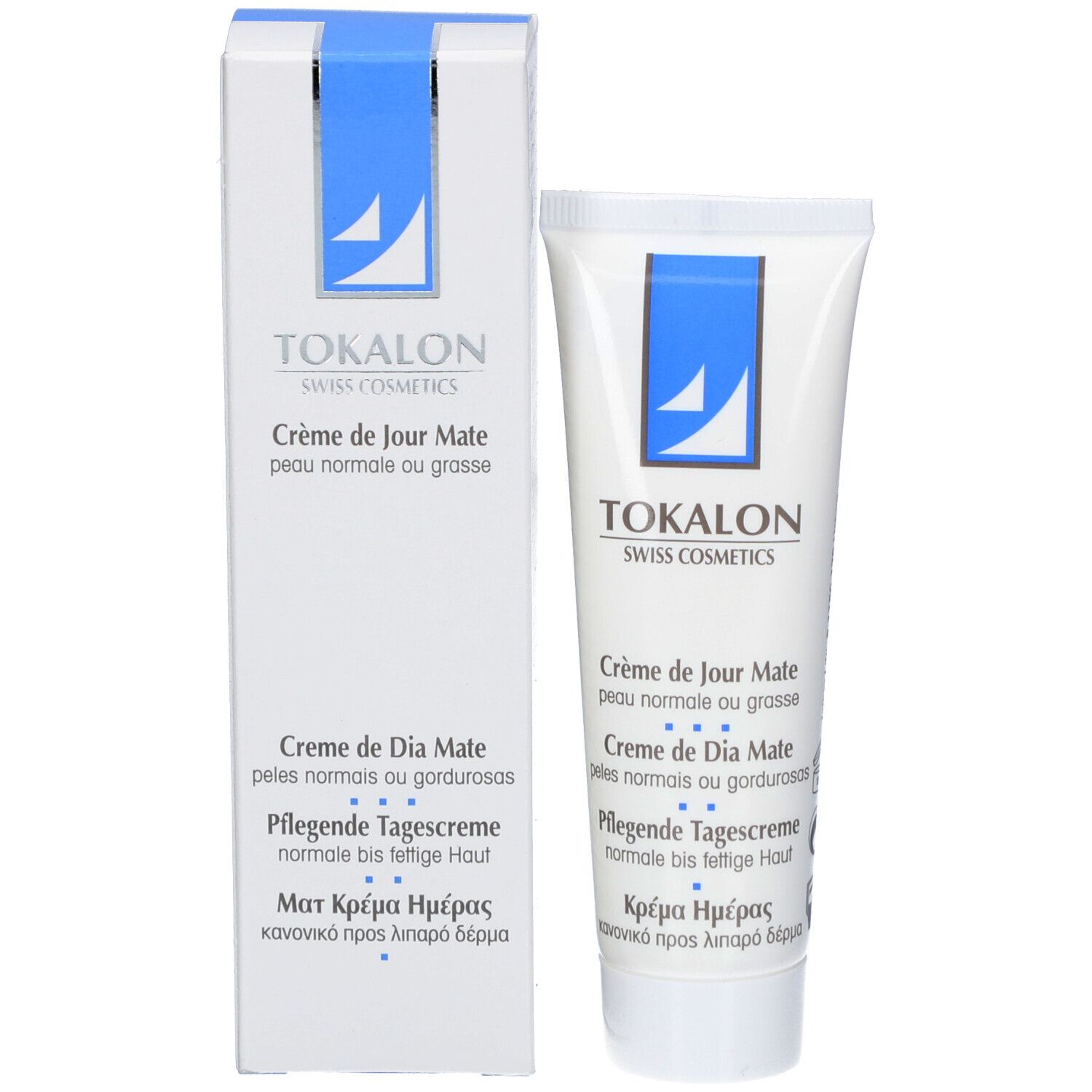 Emballage du produit : tube et boîte. Tube : blanc, logo bleu, texte TOKALON, Crème de Jour Mate. Boîte : blanche, logo bleu, nom du produit.
