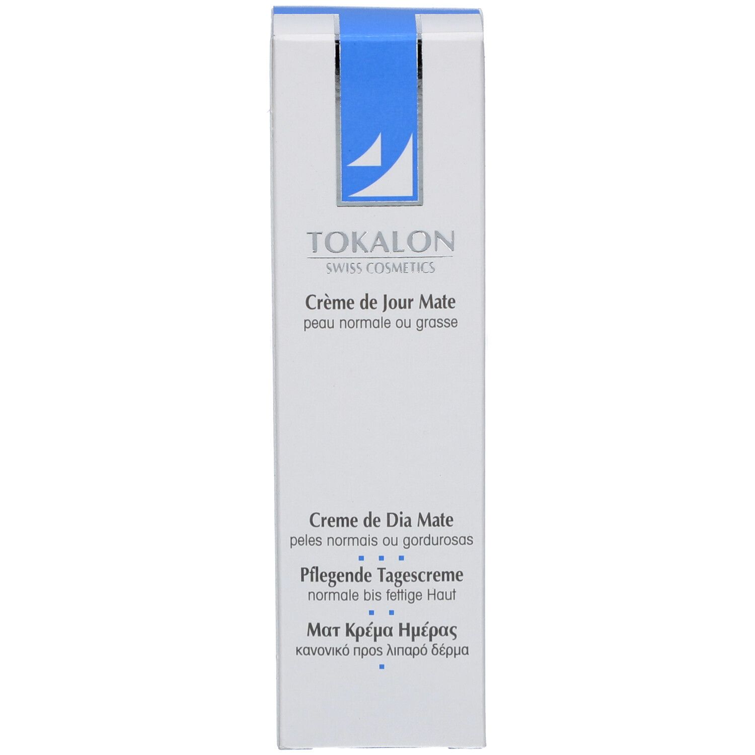 Emballage en carton. Blanc avec logo bleu et texte TOKALON. Nom du produit : Crème de Jour Mate. Pour peaux normales à grasses.