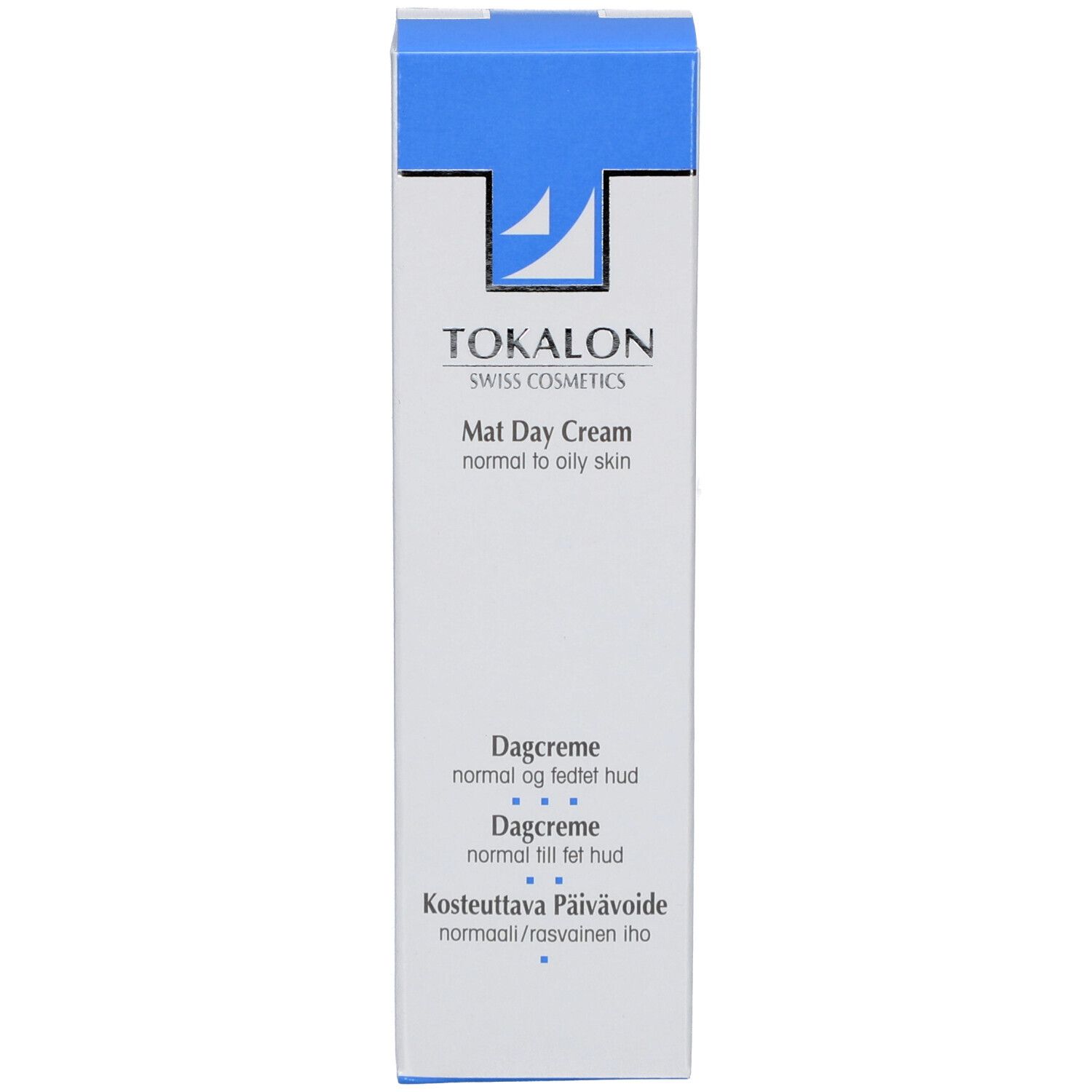Emballage en carton. Blanc avec logo bleu et texte TOKALON. Nom du produit : Mat Day Cream. Pour peaux normales à grasses.