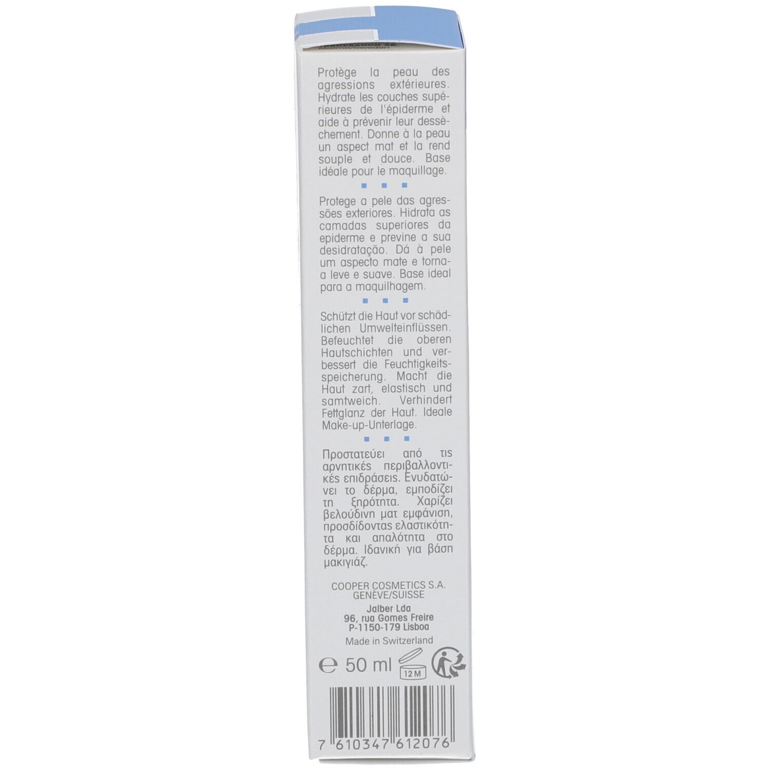 Dos de la boîte en carton. Texte en plusieurs langues. Protège des agressions extérieures. Informations du fabricant. E 50 ml.