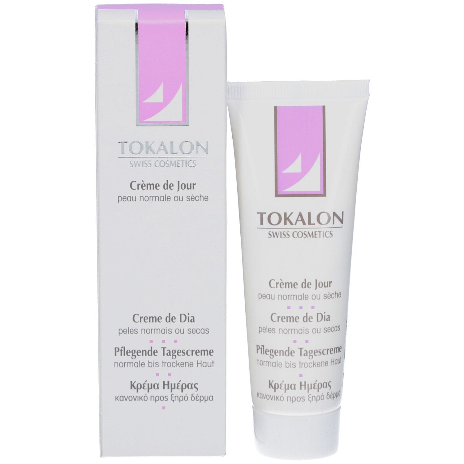 Emballage et tube. Emballage blanc avec accents violets. Texte: TOKALON, Crème de Jour, pour peaux normales à sèches.