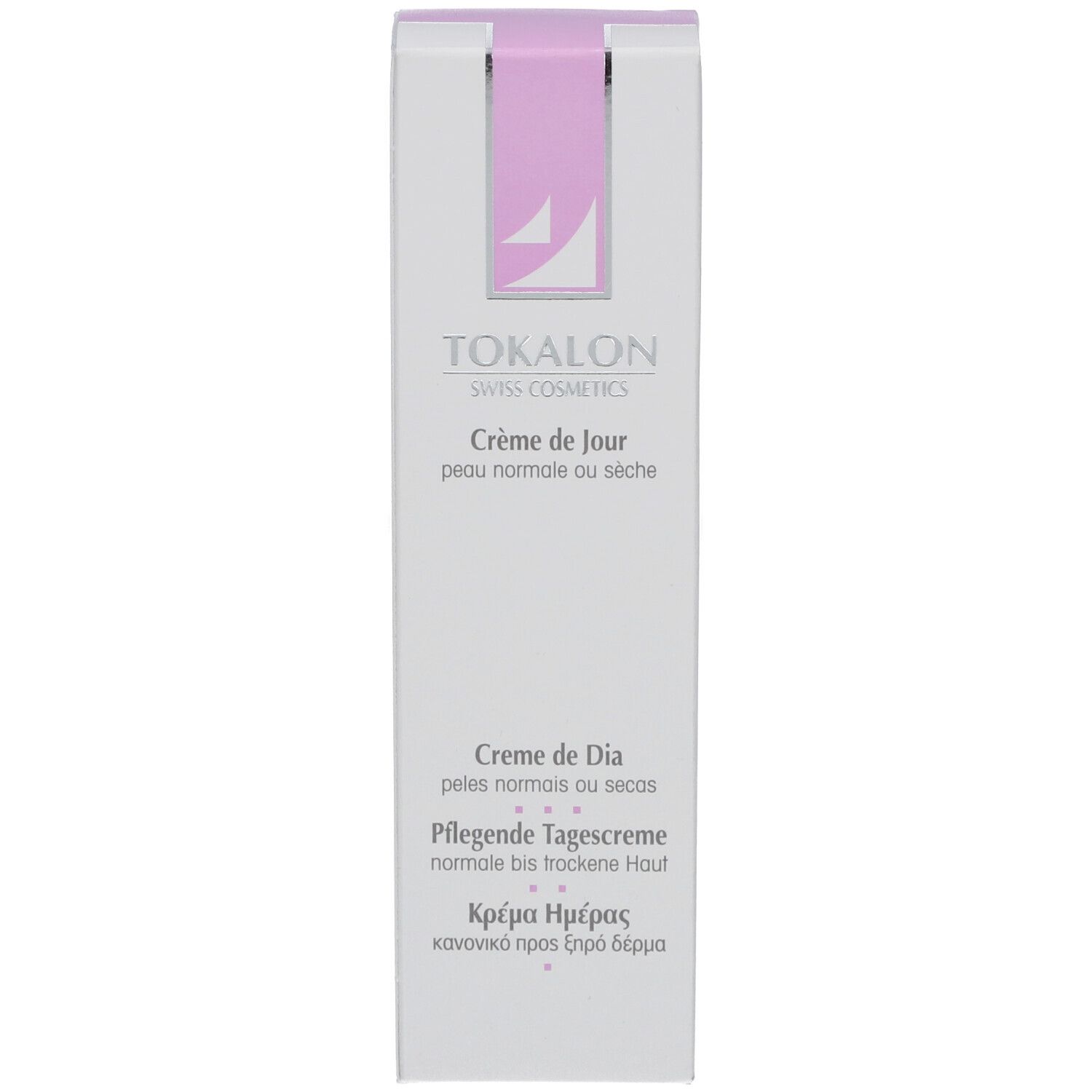 Emballage blanc avec accents violets. Texte: TOKALON, Crème de Jour, pour peaux normales à sèches. Produit cosmétique.
