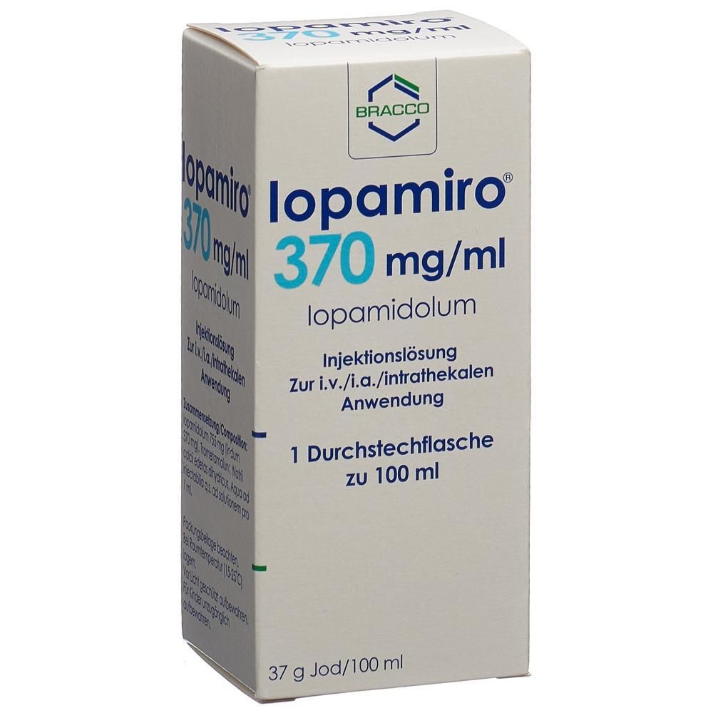 Weißer Karton mit blauer und grüner Schrift. Aufschrift: lopamiro 370 mg/ml, Injektionslösung. Marke: BRACCO.