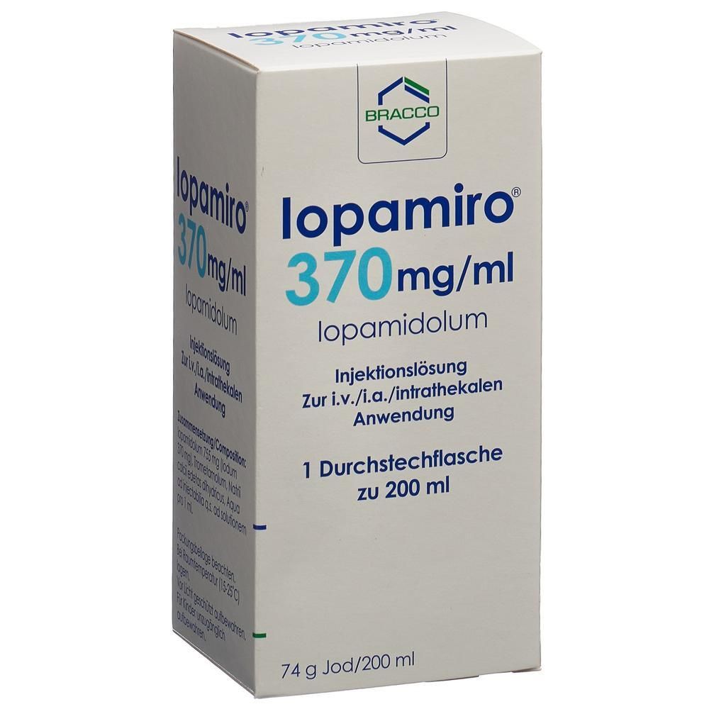 Weißer Karton mit blauer und grüner Schrift. Beschriftung: lopamiro 370mg/ml, Injektionslösung. Marke: BRACCO. Enthält eine Durchstechflasche.