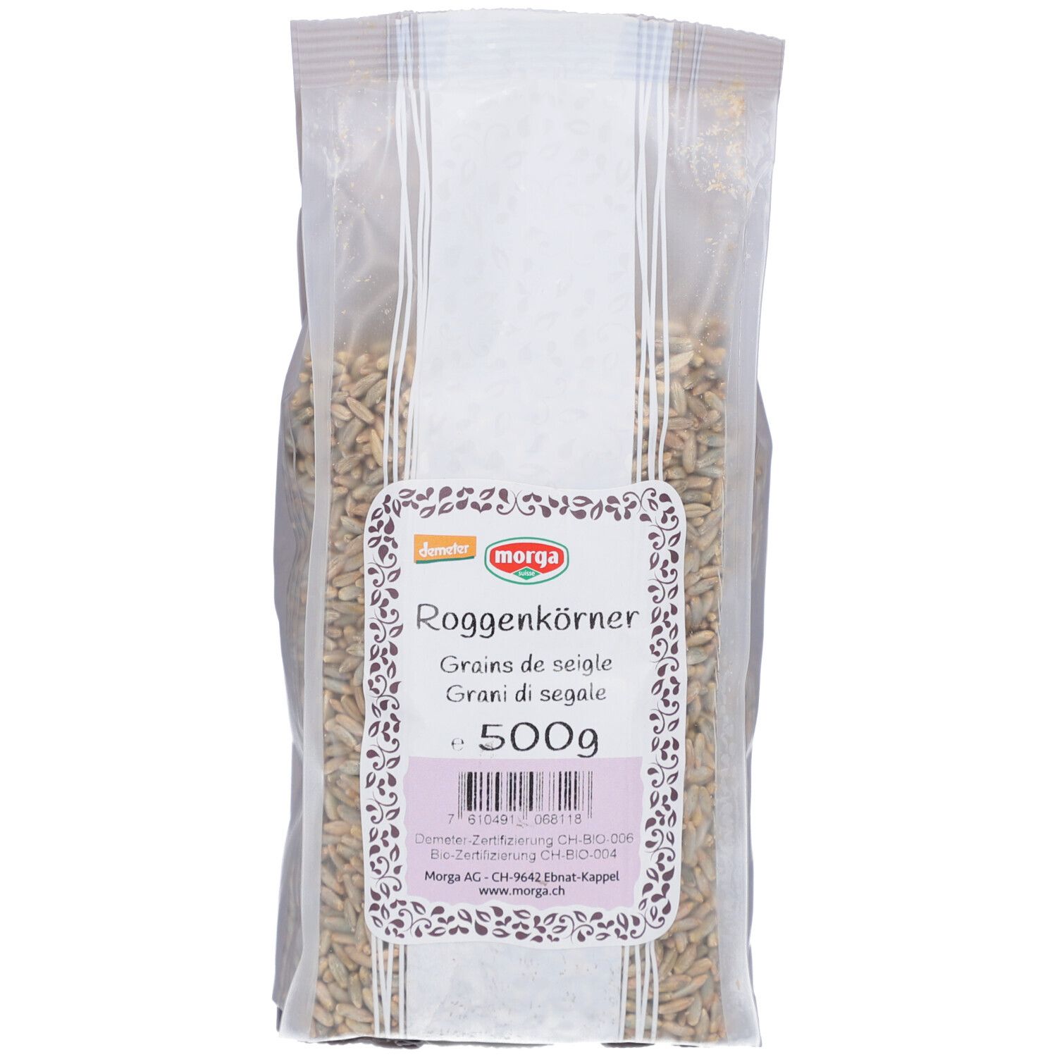 Sachet transparent de MORGA Roggenkörner Demeter 500 g. Étiquette avec texte: Roggenkörner, 500g, logo MORGA.