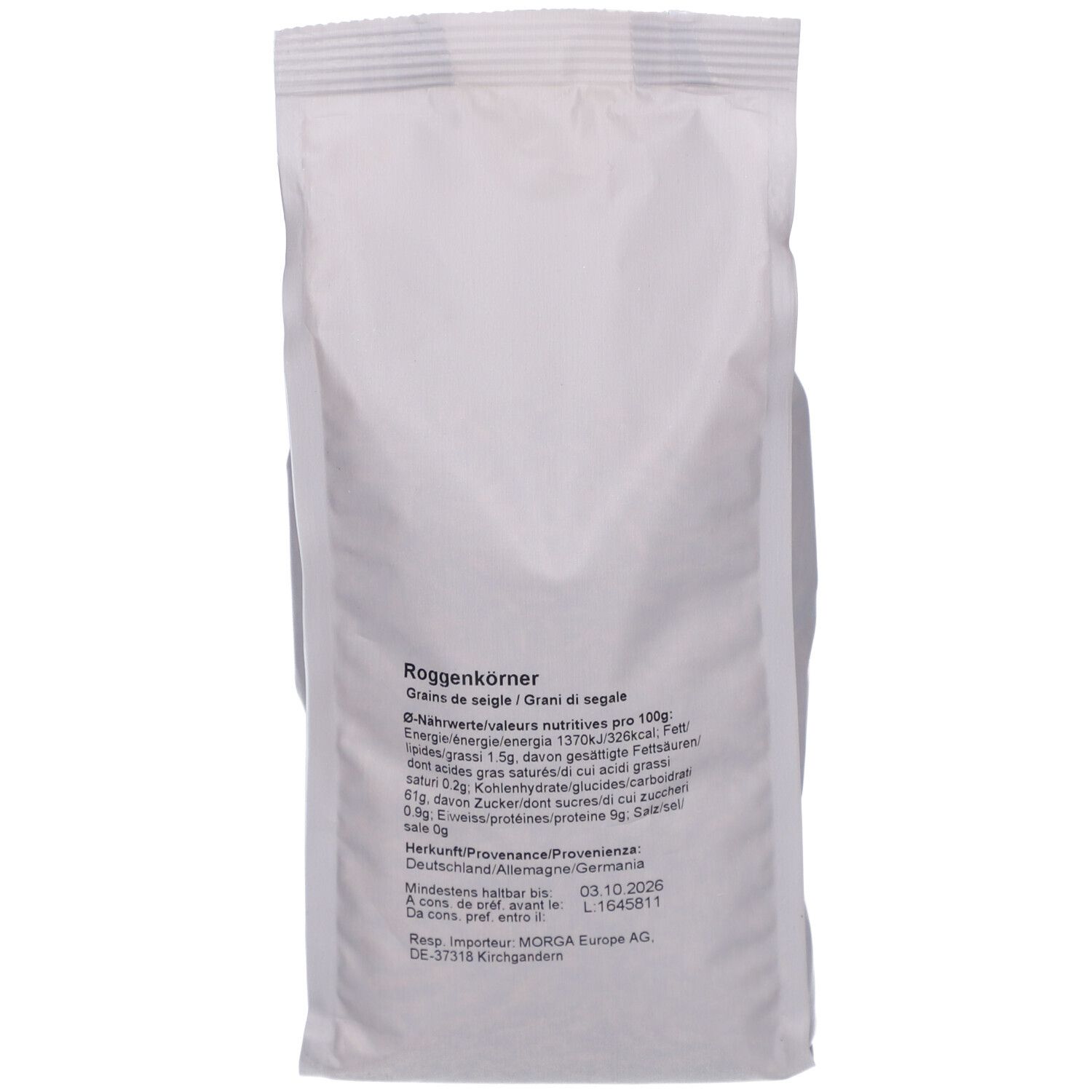 Dos du sachet MORGA Roggenkörner Demeter. Texte: Roggenkörner, informations nutritionnelles, origine, date limite.