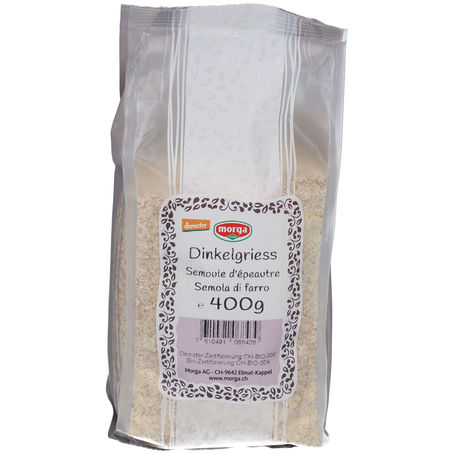 MORGA Dinkelgriess Bio Demeter Btl. 400 g. Transparente Verpackung mit Etikett. Produktname, Marke und Demeter-Siegel sichtbar.