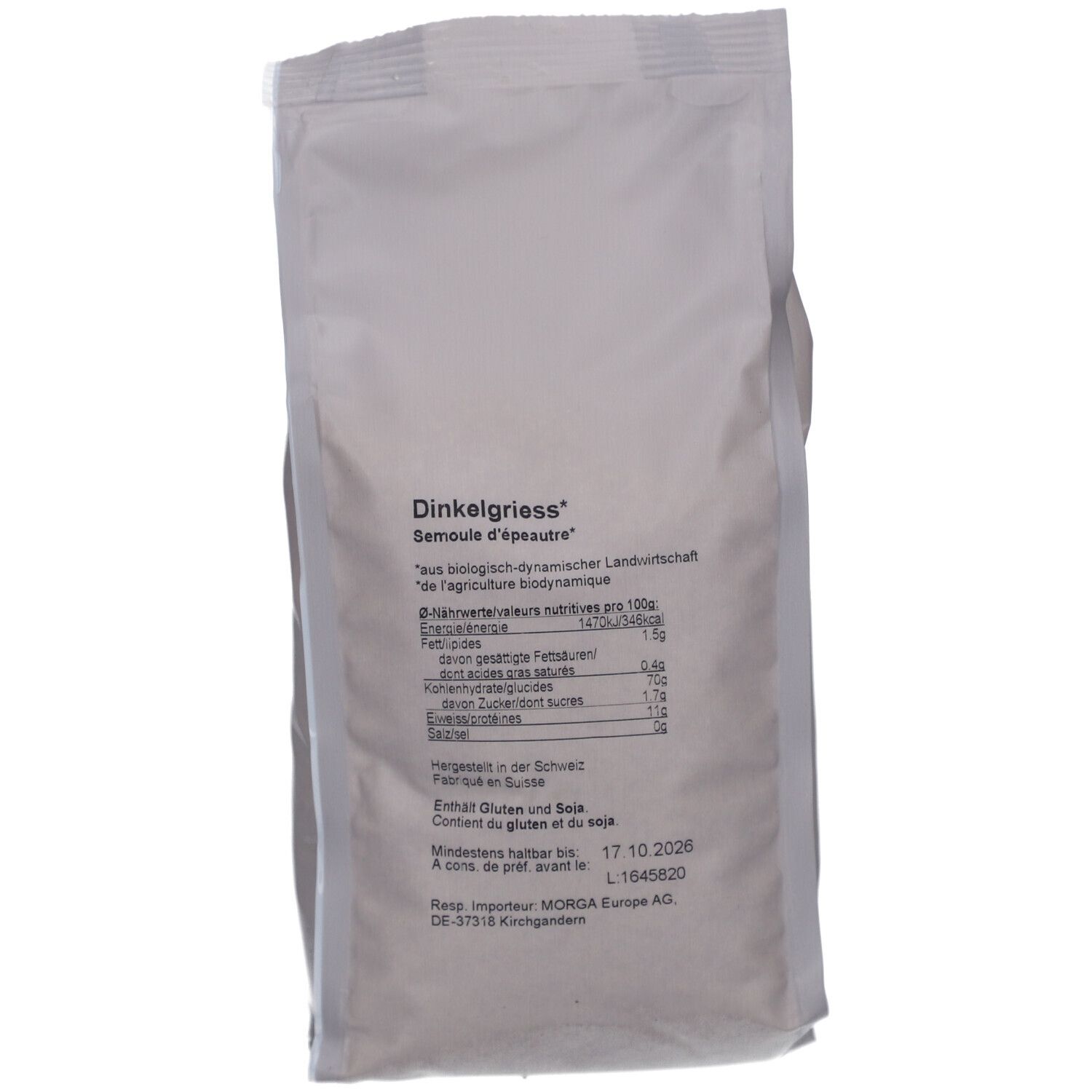 Rückseite der MORGA Dinkelgriess Verpackung. Text mit Nährwertangaben und Mindesthaltbarkeitsdatum. Marke und Produktname.