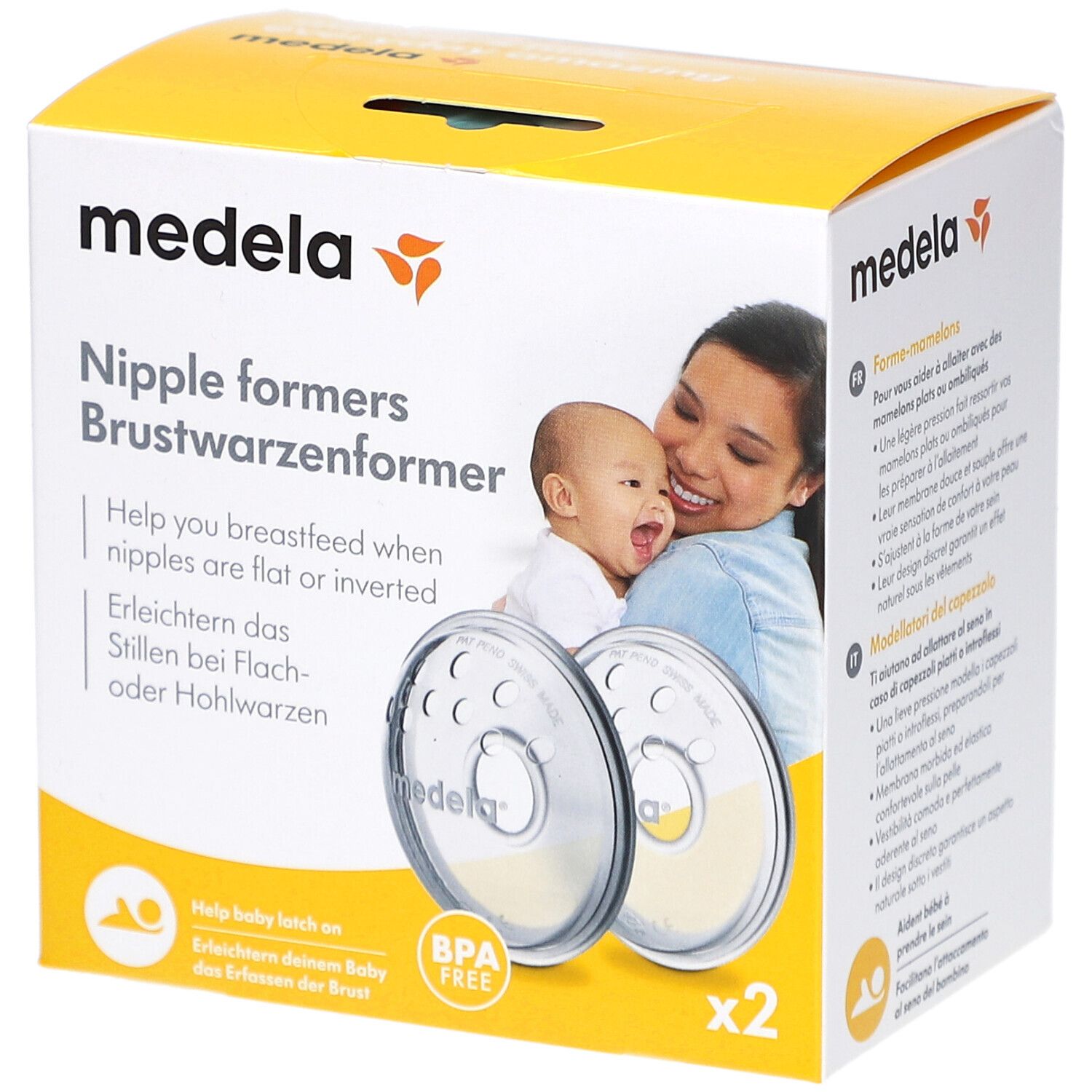 Boîte de forme-mamelons Medela. Contient deux forme-mamelons transparents. Impression : sans BPA. Image d'une mère et son bébé.