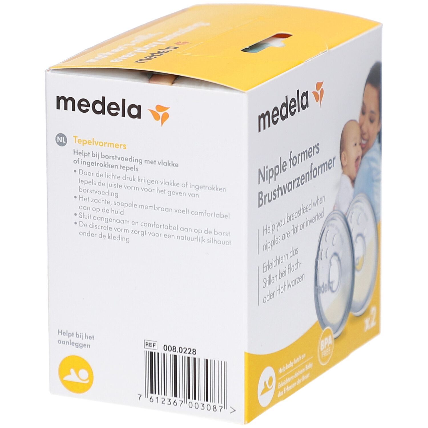 Boîte de forme-mamelons Medela. Texte en néerlandais. Contient deux forme-mamelons transparents. Impression : sans BPA.
