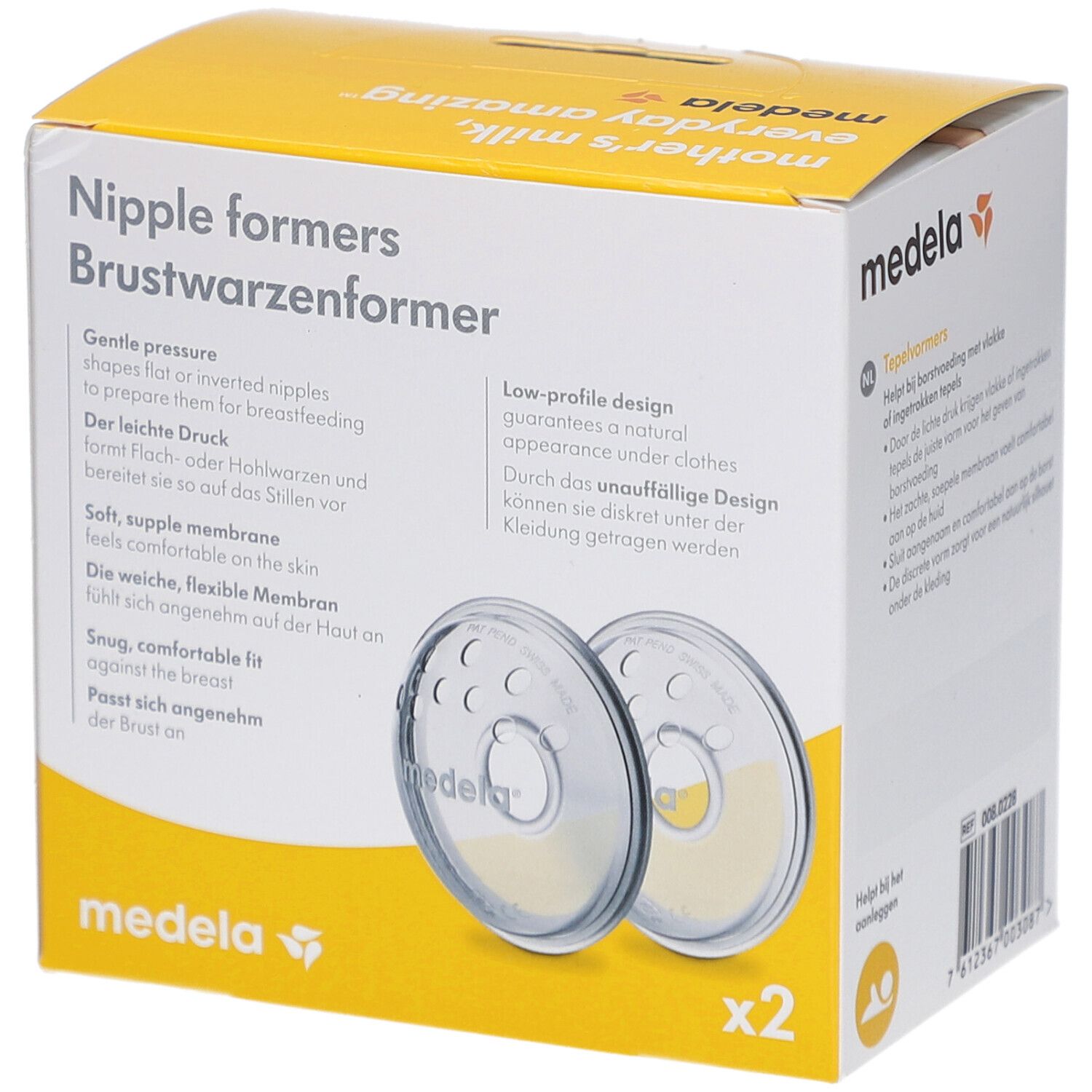 Boîte de forme-mamelons Medela. Contient deux forme-mamelons transparents. Impression : sans BPA. Texte : conception discrète.