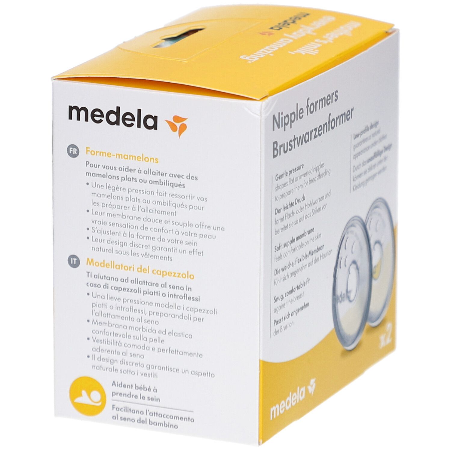 Boîte de forme-mamelons Medela. Texte en français et italien. Contient deux forme-mamelons transparents. Impression : sans BPA.