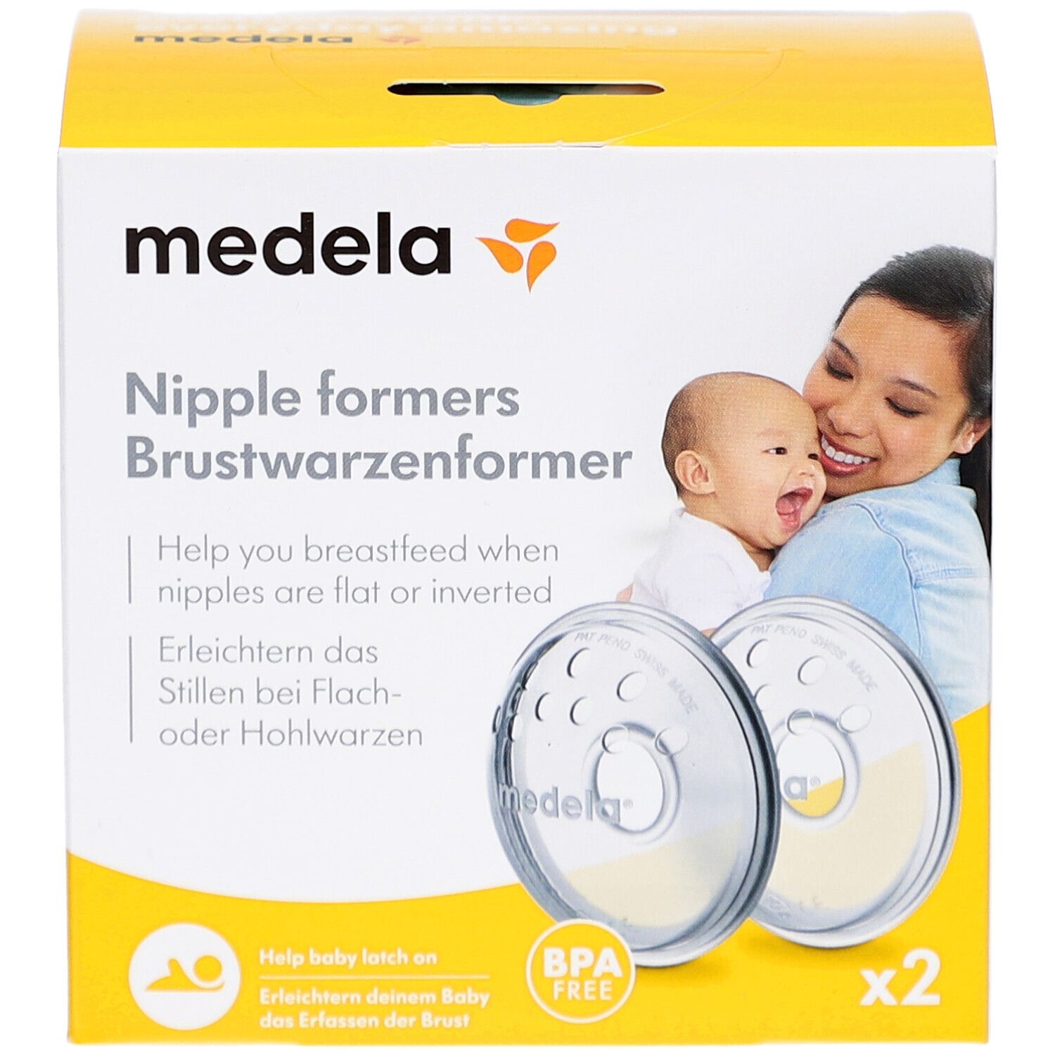 Boîte de forme-mamelons Medela. Contient deux forme-mamelons transparents. Impression : sans BPA. Image d'une mère et son bébé.