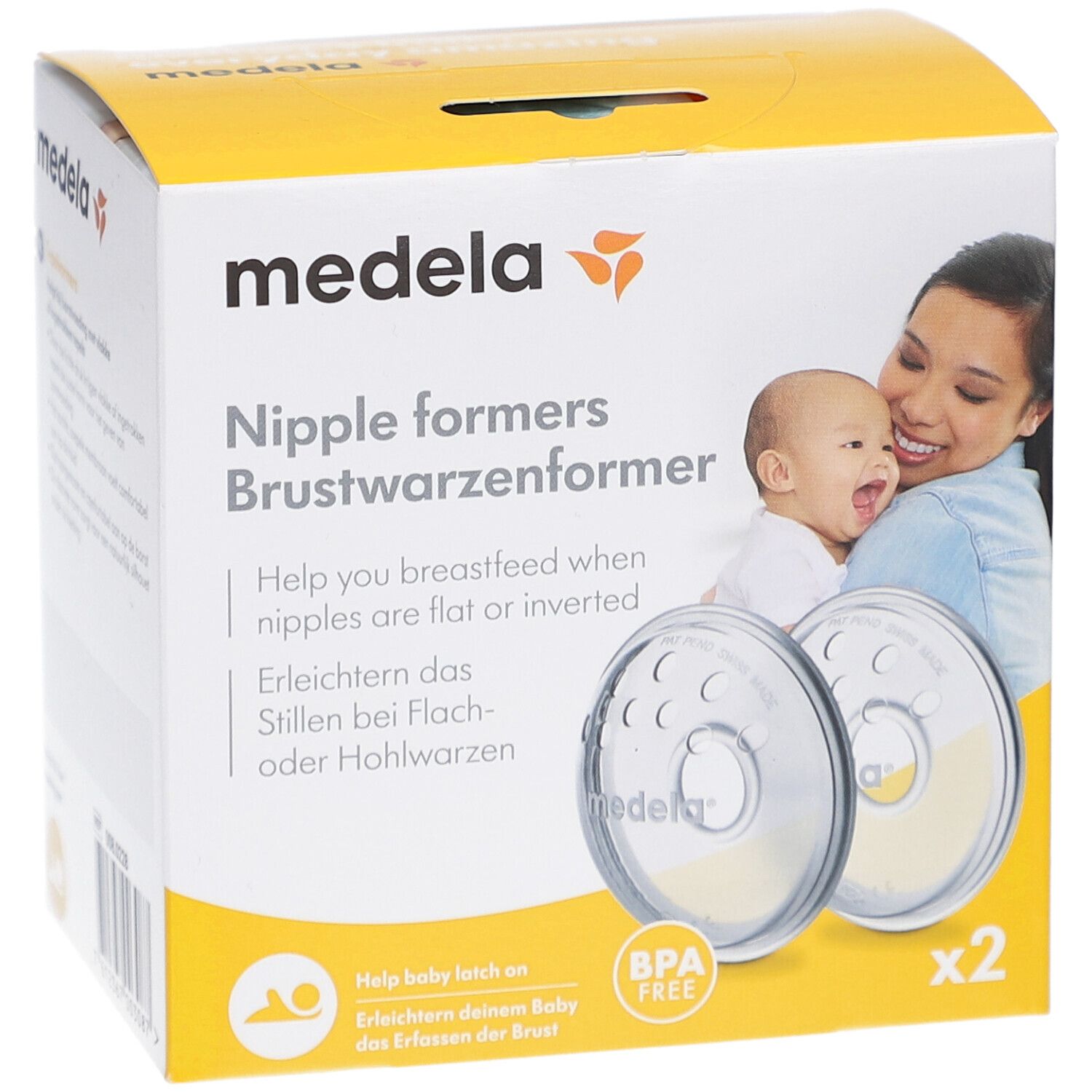 Boîte de forme-mamelons Medela. Contient deux forme-mamelons transparents. Impression : sans BPA. Image d'une mère et son bébé.