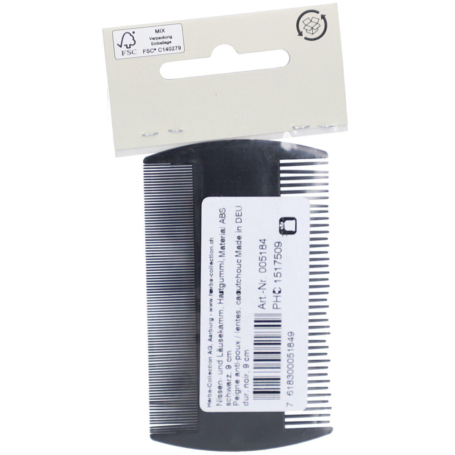 Rückseite des schwarzen Läusekamms. Text und Barcode auf dem Kamm und Karton.