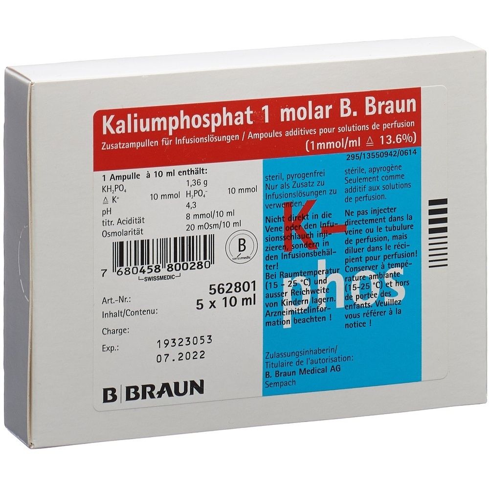Verpackung von Kaliumphosphat 1 molar B. Braun. Enthält 5 Ampullen à 10 ml. Mit Produktinformationen und Logo.