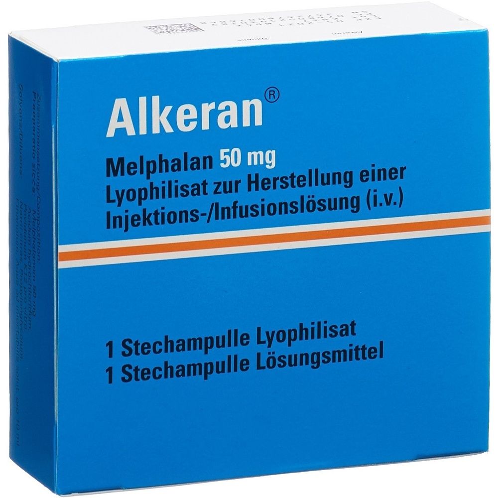 Blau-weiße Produktverpackung. Oben steht "Alkeran 50 mg". Darunter weitere Informationen in kleiner Schrift.