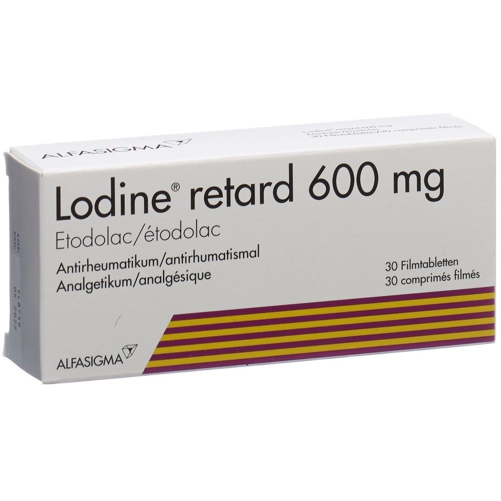 Kartonverpackung mit der Aufschrift "LODINE retard 600 mg". Die Packung ist weiß mit braunen Akzenten.