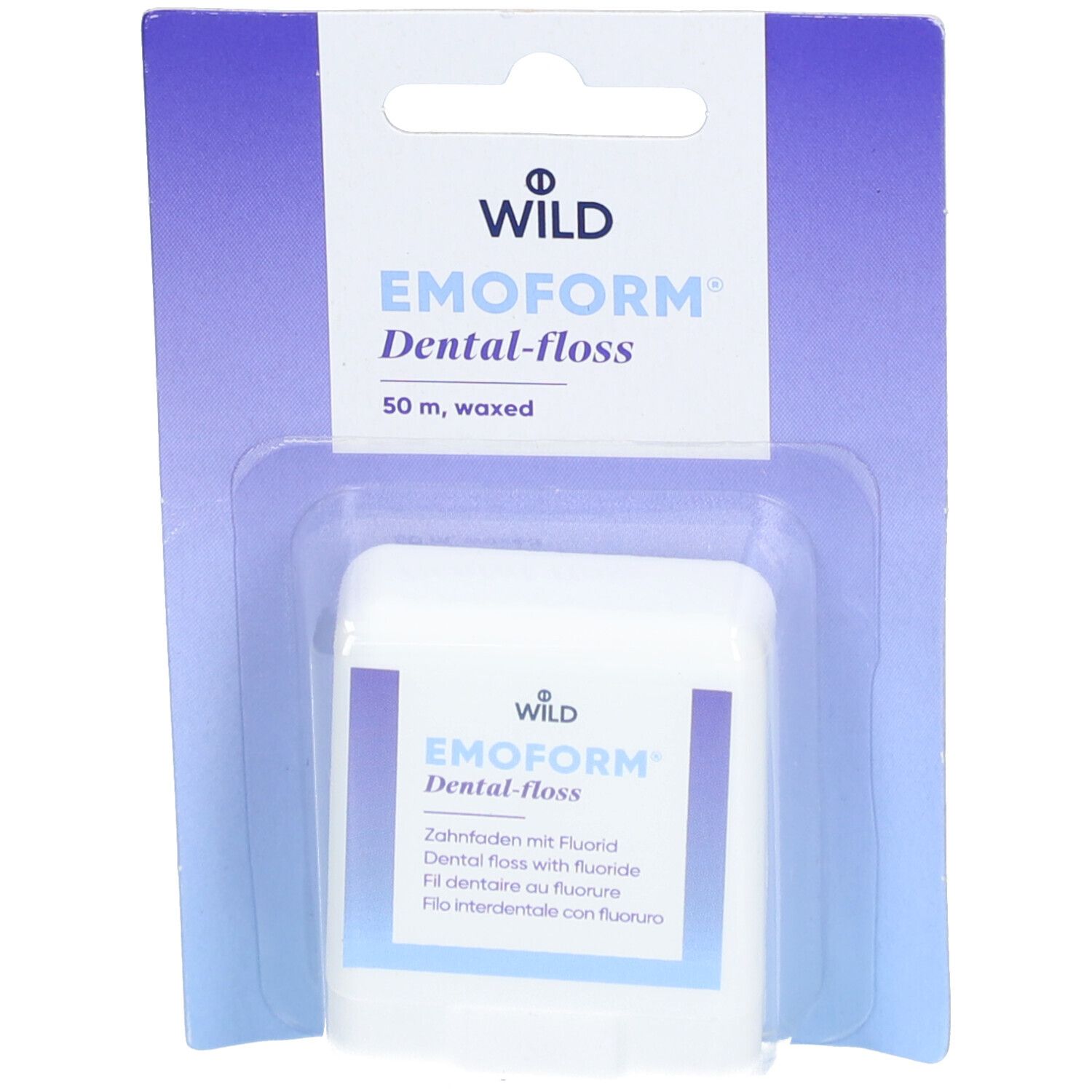 Weiße EMOFORM Dental-floss-Packung mit blauer Schrift und Verpackung. Enthält 50 m gewachstes Zahnseide.