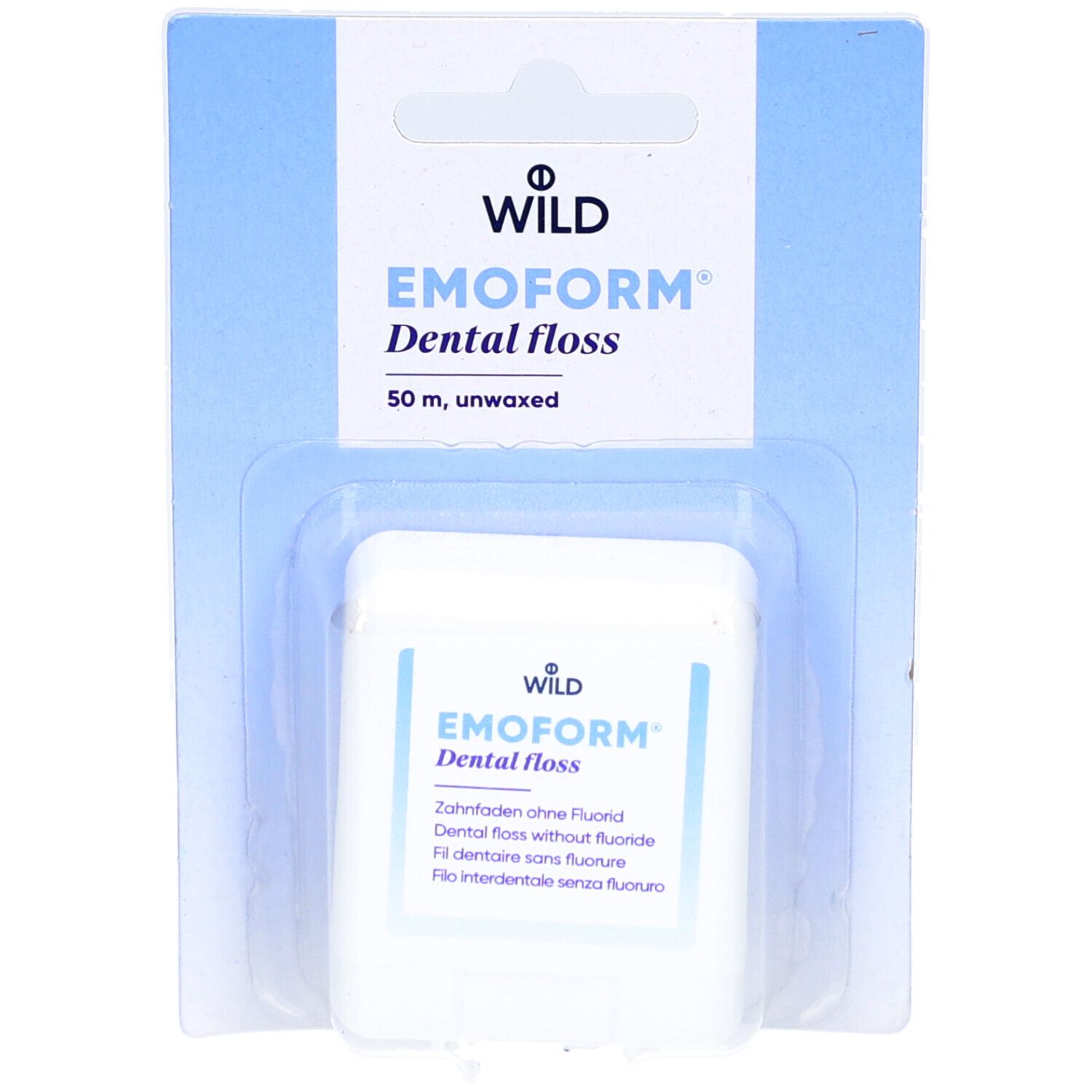 Weißer Behälter EMOFORM Dental floss, 50 m, ungewachst, in Blisterverpackung. Marke WILD.