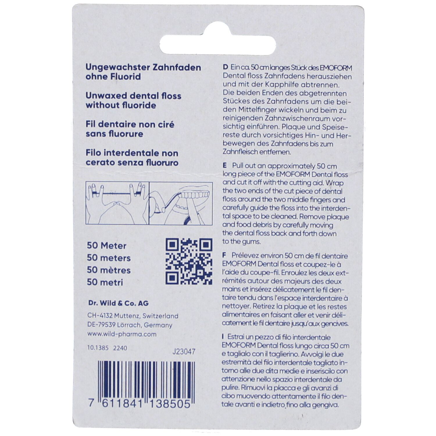 Rückseite der EMOFORM Dental floss Verpackung. Text: Ungewachste Zahnfäden ohne Fluorid. 50 Meter. Gebrauchsanweisung.