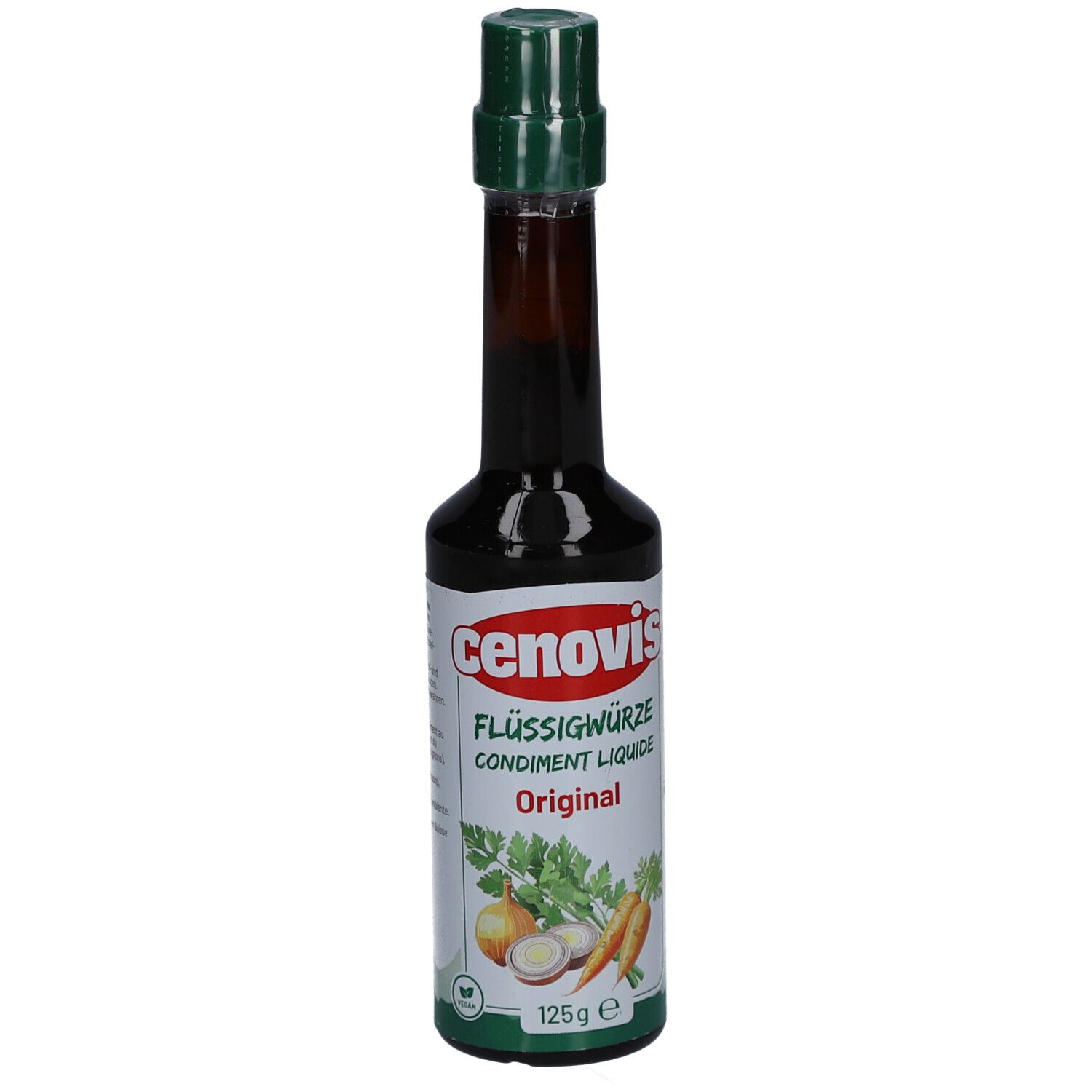 Braune Flasche mit grünem Deckel. Aufschrift: Cenovis Flüssigwürze Original. Abbildung von Gemüse.