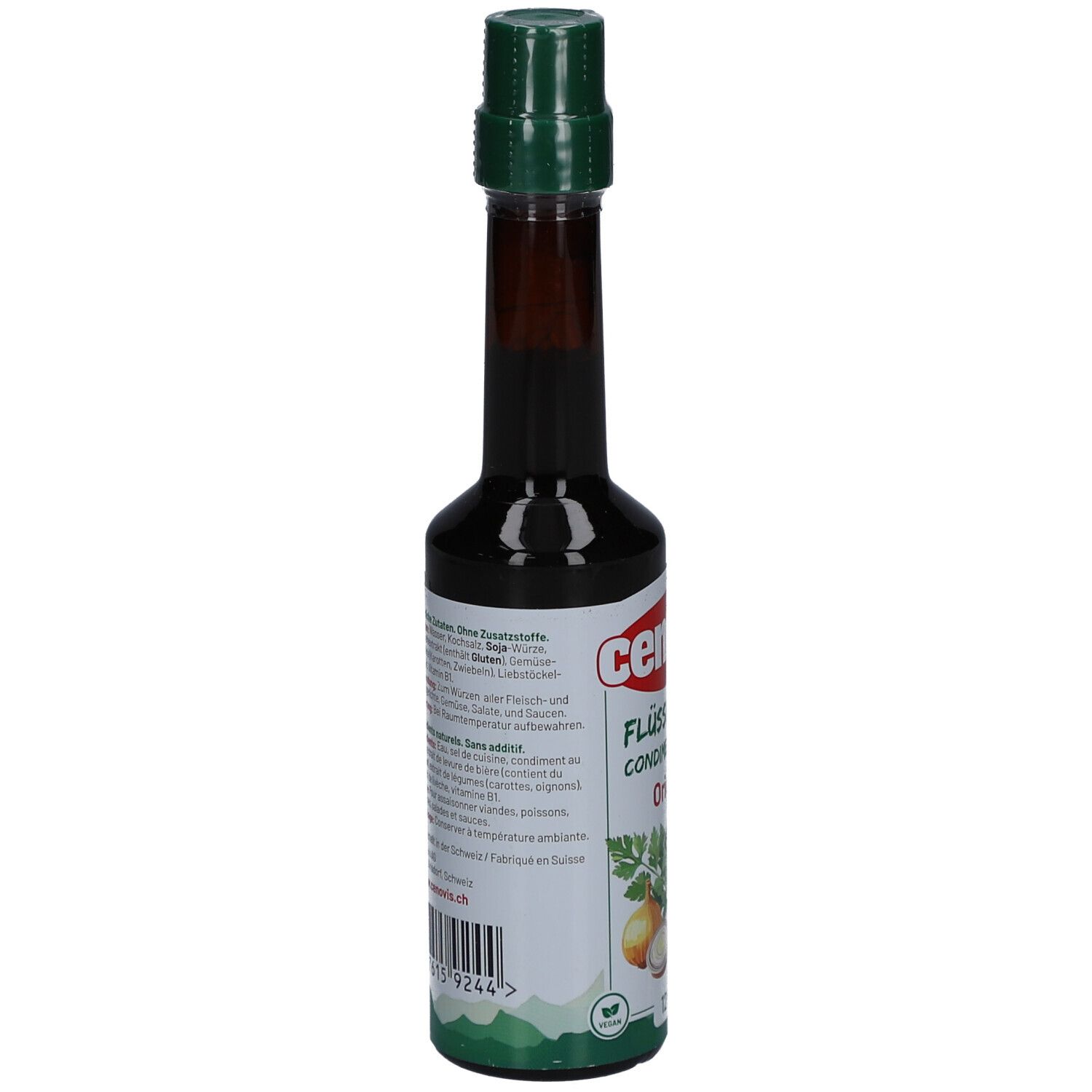 Braune Flasche mit grünem Deckel. Aufschrift: Cenovis Flüssigwürze. Text auf der Rückseite. Barcode.