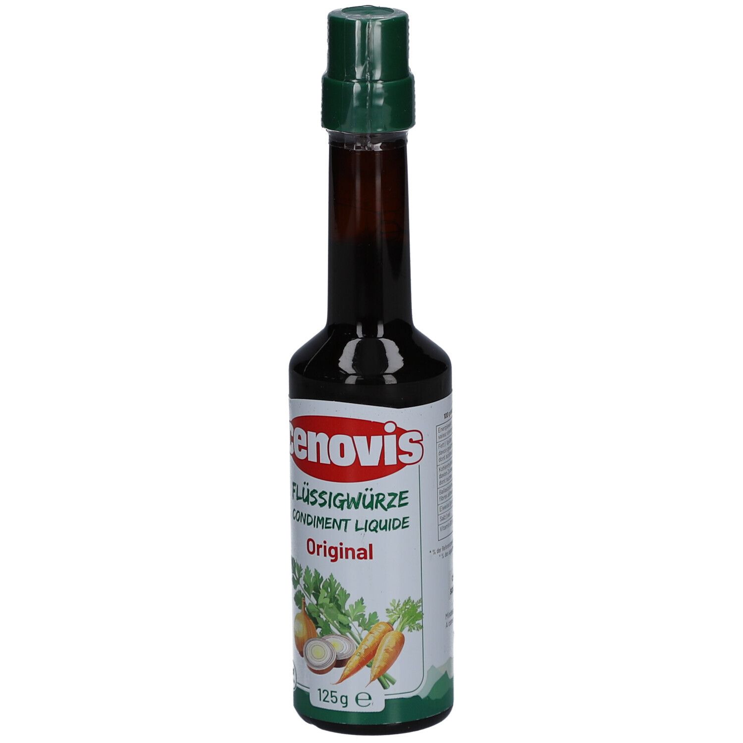 Braune Flasche mit grünem Deckel. Aufschrift: Cenovis Flüssigwürze Original. Abbildung von Gemüse.