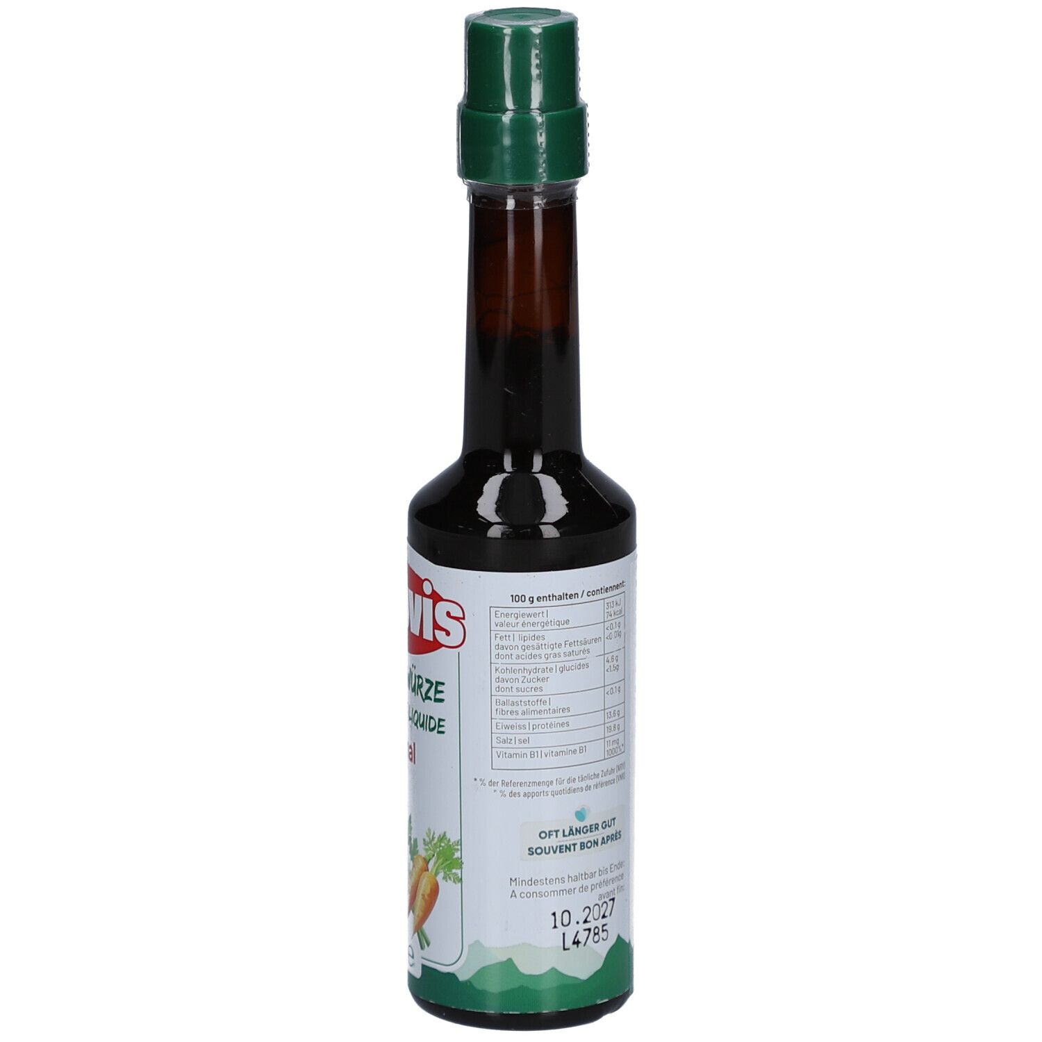 Braune Flasche mit grünem Deckel. Rückseite mit Text. Nährwertangaben. Mindesthaltbarkeitsdatum.