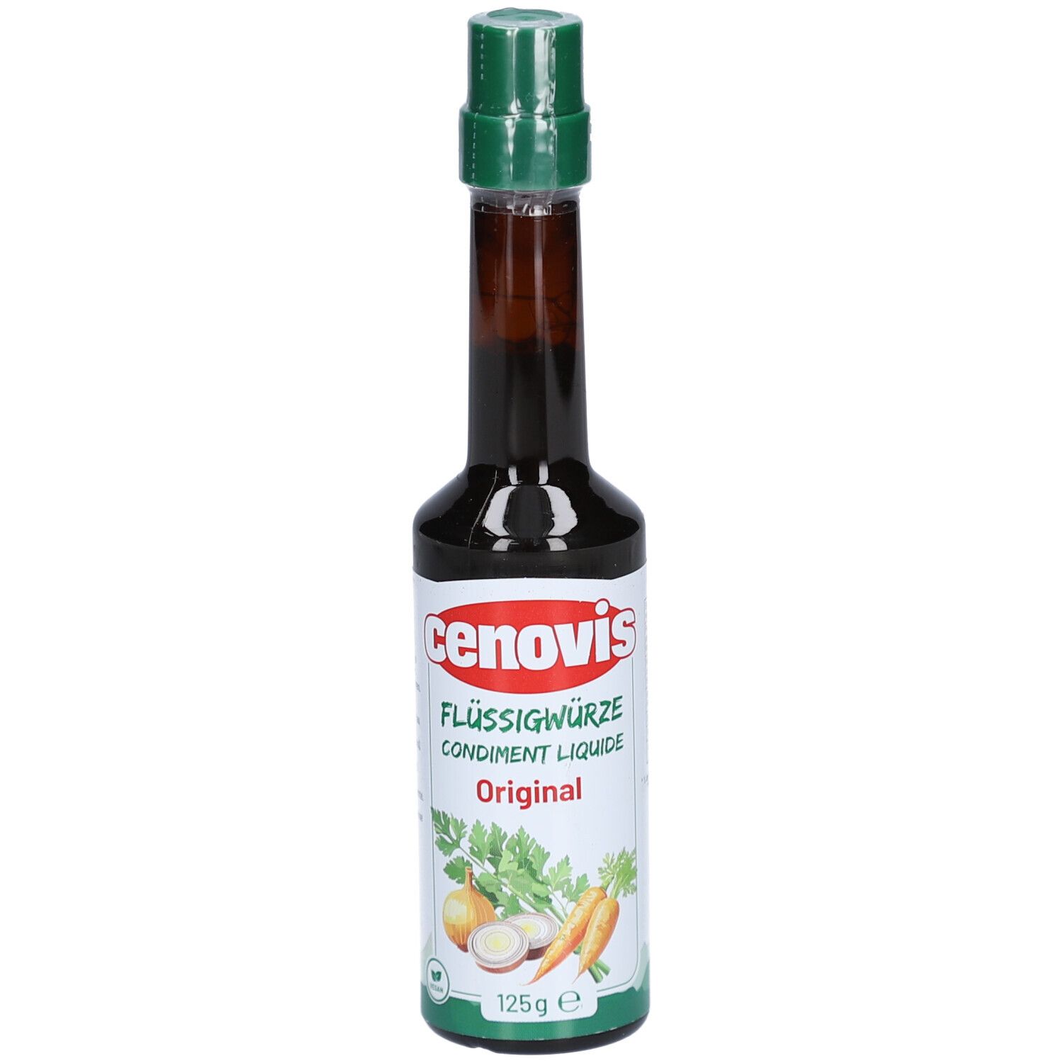 Braune Flasche mit grünem Deckel. Aufschrift: Cenovis Flüssigwürze Original. Abbildung von Gemüse.