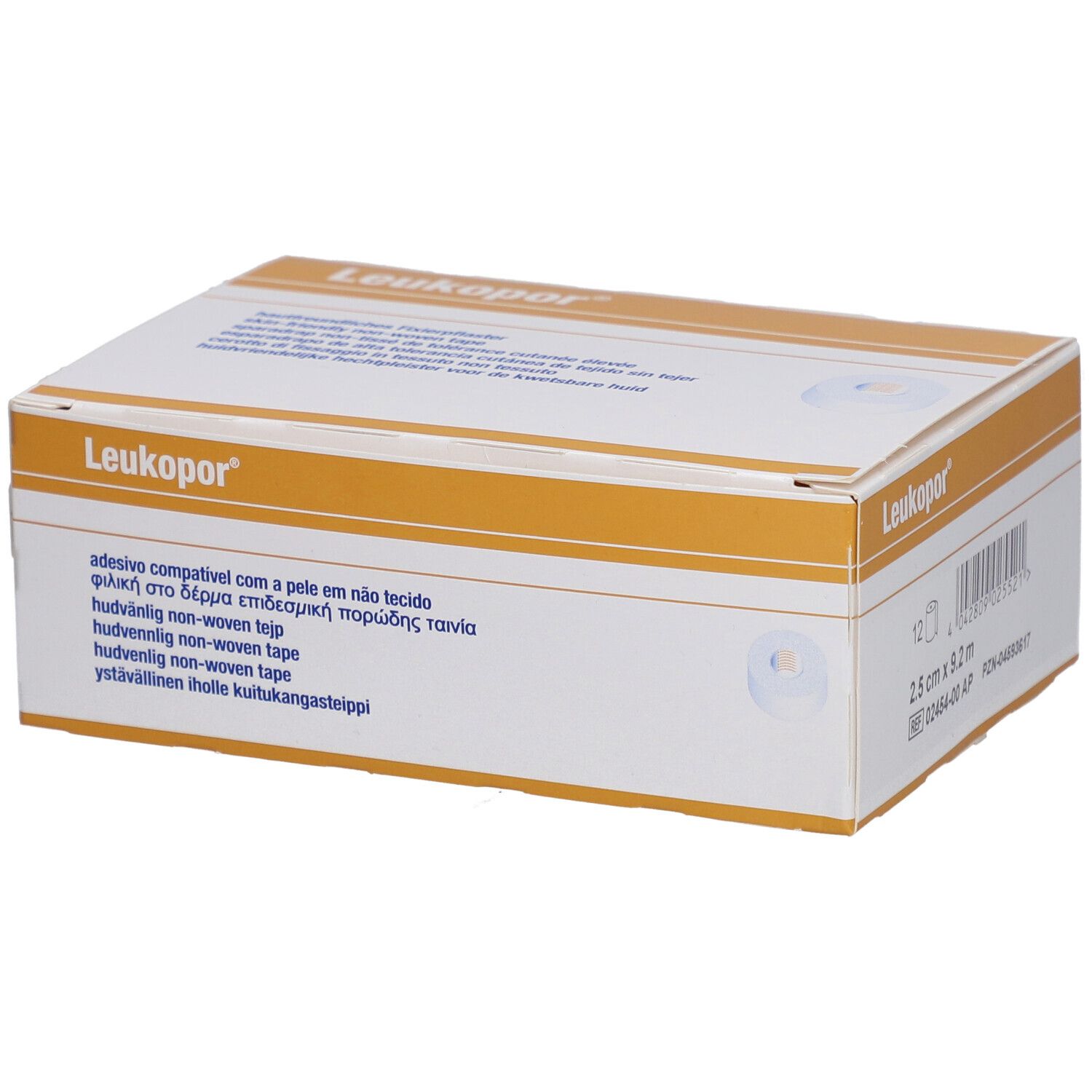 Emballage de Leukopor. Inscription: adesivo compatível com a pele em não tecido, hudvänlig non-woven tape.