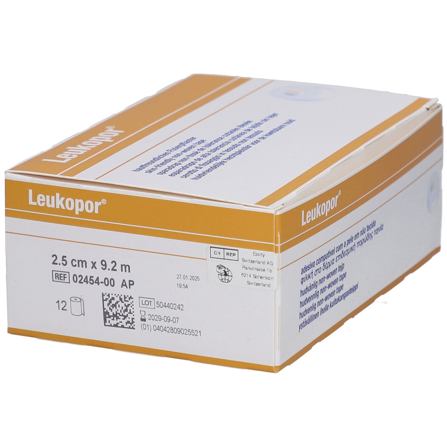 Emballage Leukopor. Contient 2,5 cm x 9,2 m de pansement. Impression: REF 02454-00 AP, 12 rouleaux.