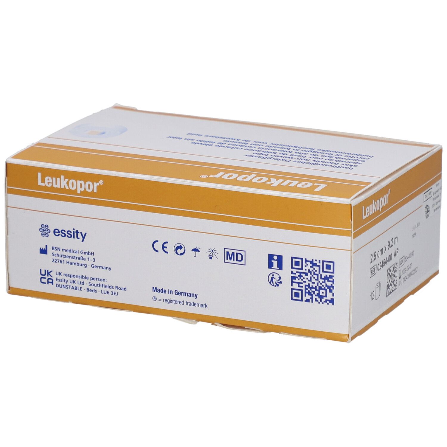 Emballage Leukopor. Impression: 2,5 cm x 9,2 m, essity, marquage CE, symbole MD.