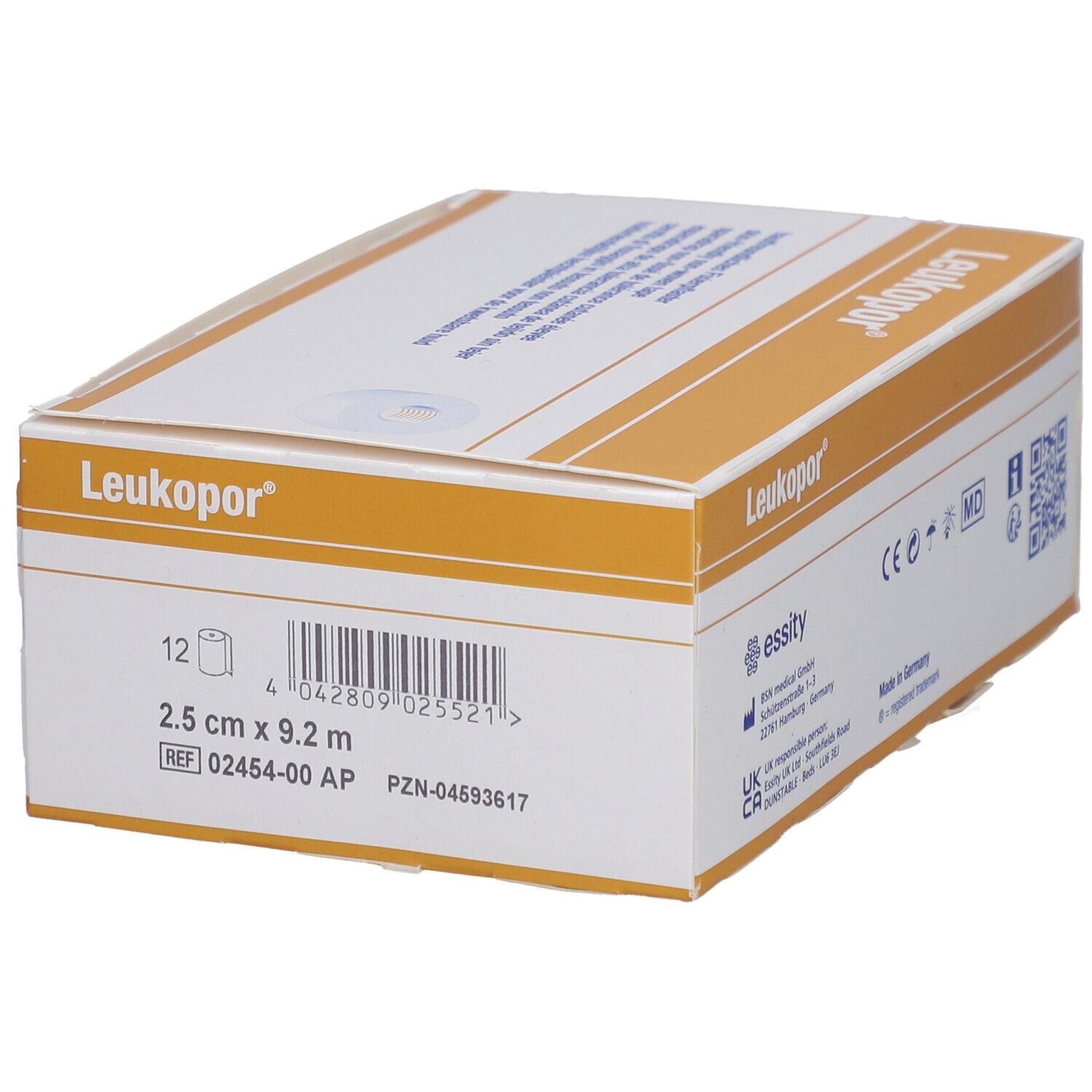 Emballage Leukopor. Impression: 2,5 cm x 9,2 m, 12 rouleaux, REF 02454-00 AP.